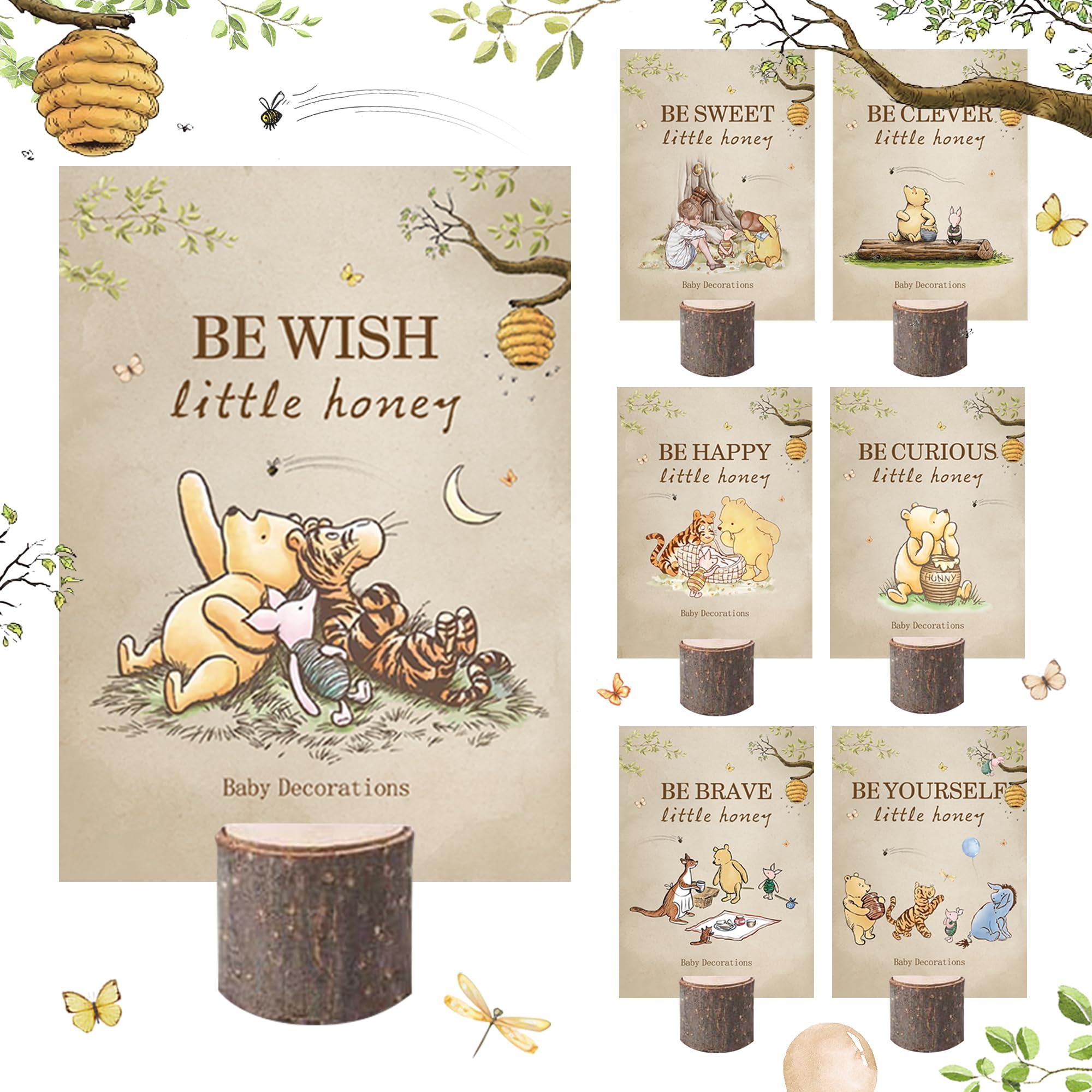 FOLNESH 8Pcs Winnie Baby Shower Centerpieces Wooden Stands for Kidss Pink Classic Party Table Decorations Double Side Winnie Themed Party Supplies Vintage Winnie party Favors