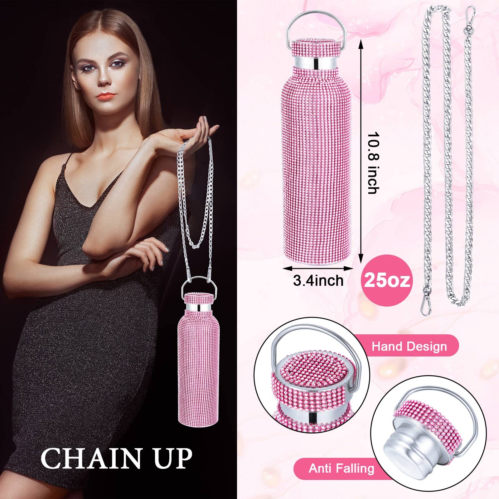 Rtteri 3 Stück Bling Wasserflasche Strass Edelstahl Bling Cup Stiellos Glitzer Tumbler Isoliert Strass Tumbler mit Kette, Deckel und Strohhalm für Frauen Kaffee Martini Wein Becher (Rosa)