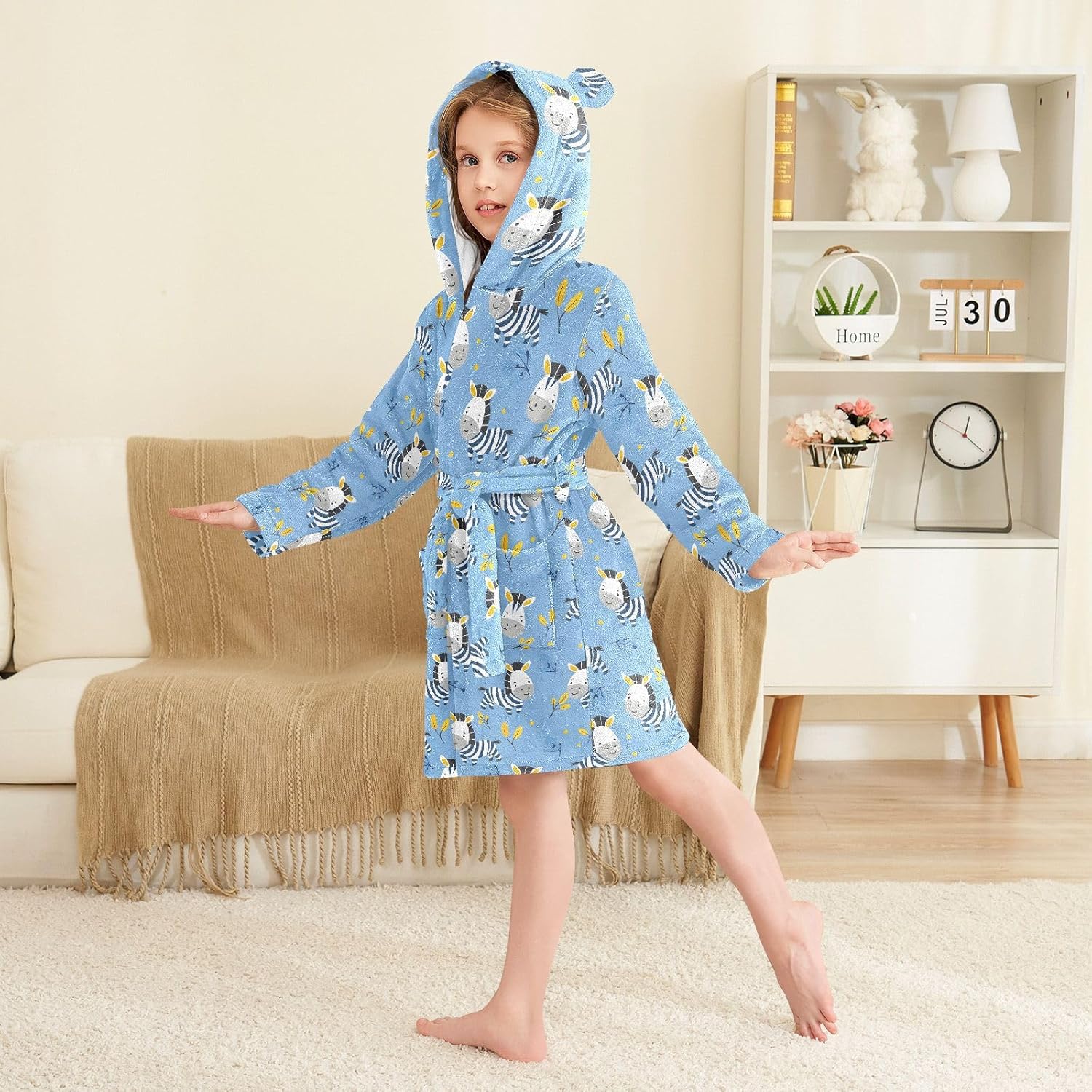 senya Zebra on Blue Leaves Toddler Hooded Bathrobe Kids Soft Plush Bath Towel Robes for Boys Girls 2-12 Years