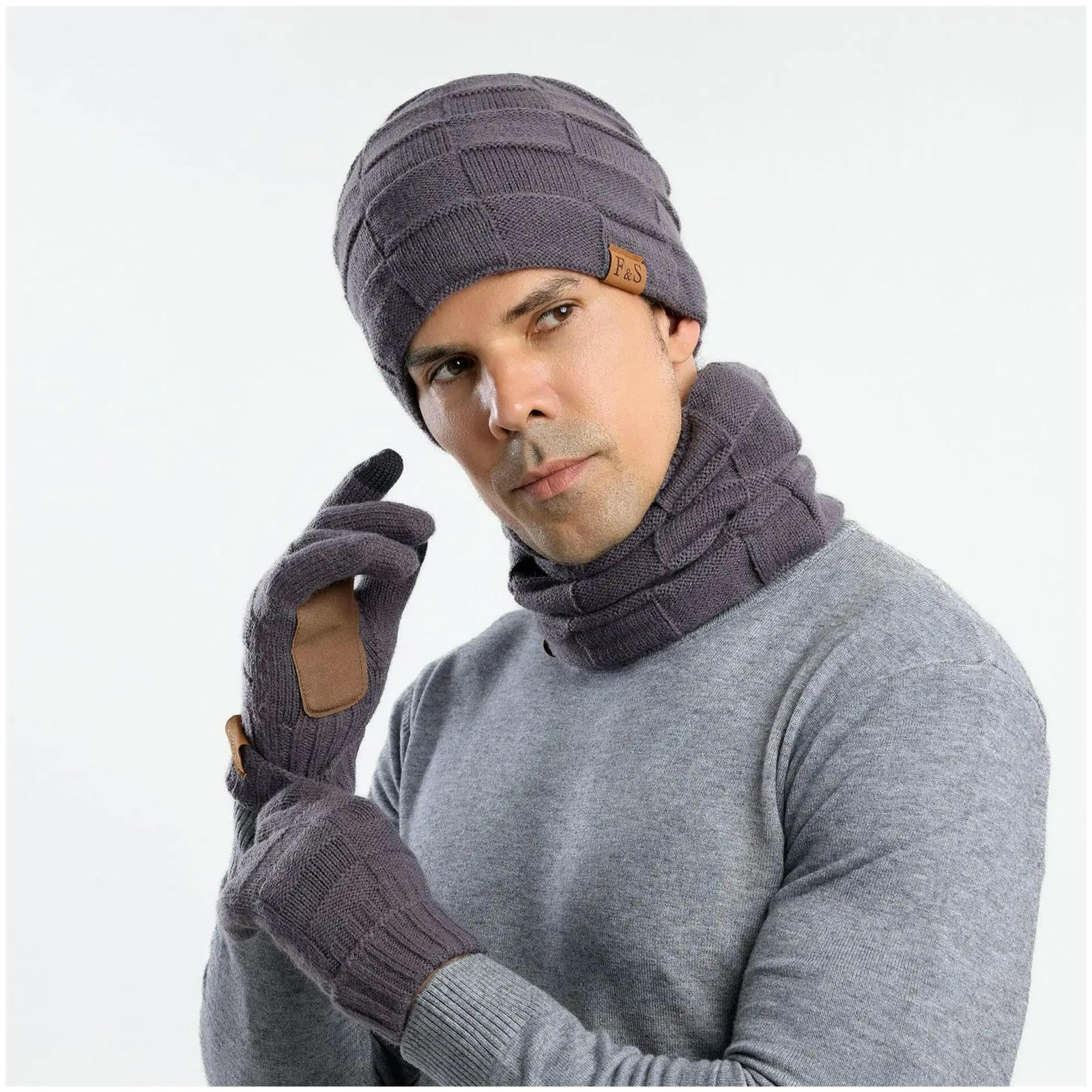 Mütze,Schal & Handschuh-Sets Warmes Set Aus Mütze, Schal Und Handschuhen Für Den Winter, Mit Thermo-Fleece Gefütterte Slouchy-Beanie-halstücher Herren, Handschuhe, 3-in-1-warmset-beige