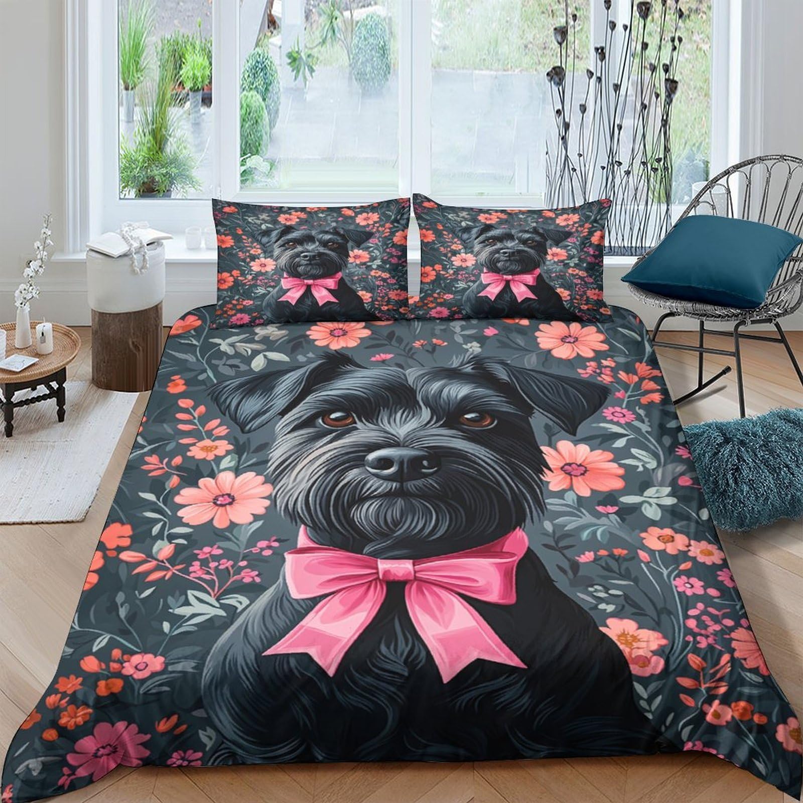 Ctjqhvkz Style-6 3D Printed Black Dog With Pink Bow Fitted Sheet Microfiber Floral Mattress Cover Non Slip Machine Washable For Bedroom Guest Room Single（135X200cm）