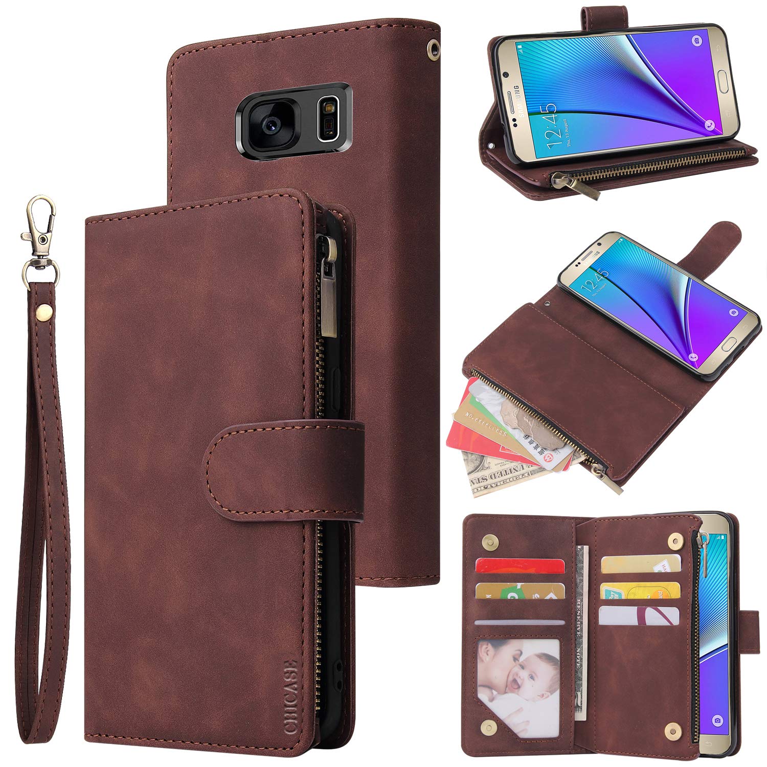 CHICASE Wallet Case for Galaxy Note 5,Samsung Note 5 Case,Leather Handbag Zipper Pocket Card Holder Slots Wrist Strap Flip Protective Phone Cover for Samsung Galaxy Note 5(Coffee)
