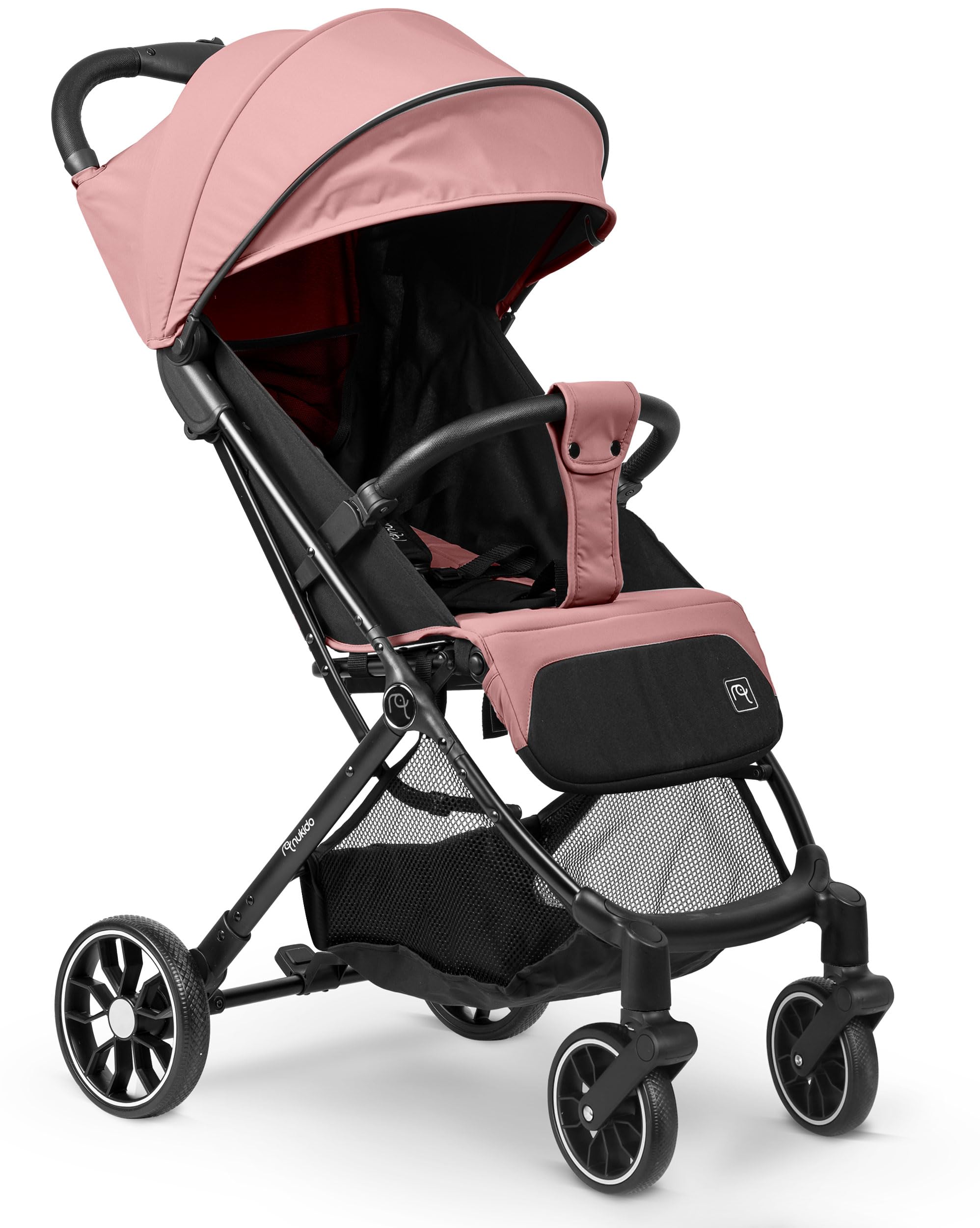 Nukido Passeggino per bambini 0-36 mesi 0-15 kg pieghevole automatico in 2 secondi ruote a 360° con ammortizzazione grandi ruote tuttofare rosa