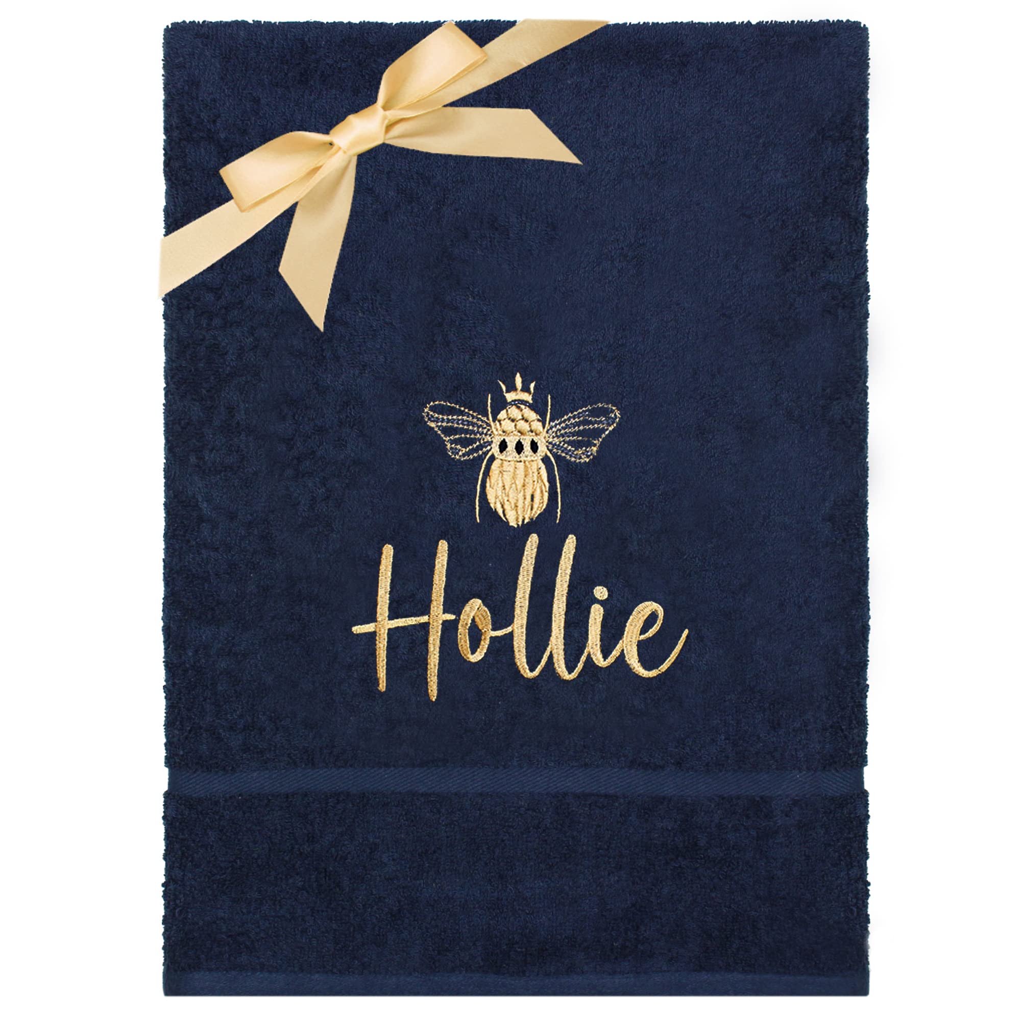 TeddyT's Personalised Gold Bee Embroidered Towel (Hand Towel, Navy)