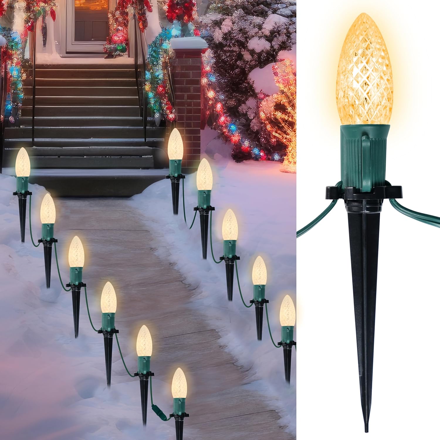(Similar to) Joiedomi 30.75FT C9 Christmas Pathway Lights, 24 LED Strawberry Stake Lights, Warm White Outdoor Faceted Walkway Lights with Marker Stakes Connectable for Holiday Christmas Yard Garden Lawn Strawberry Shell