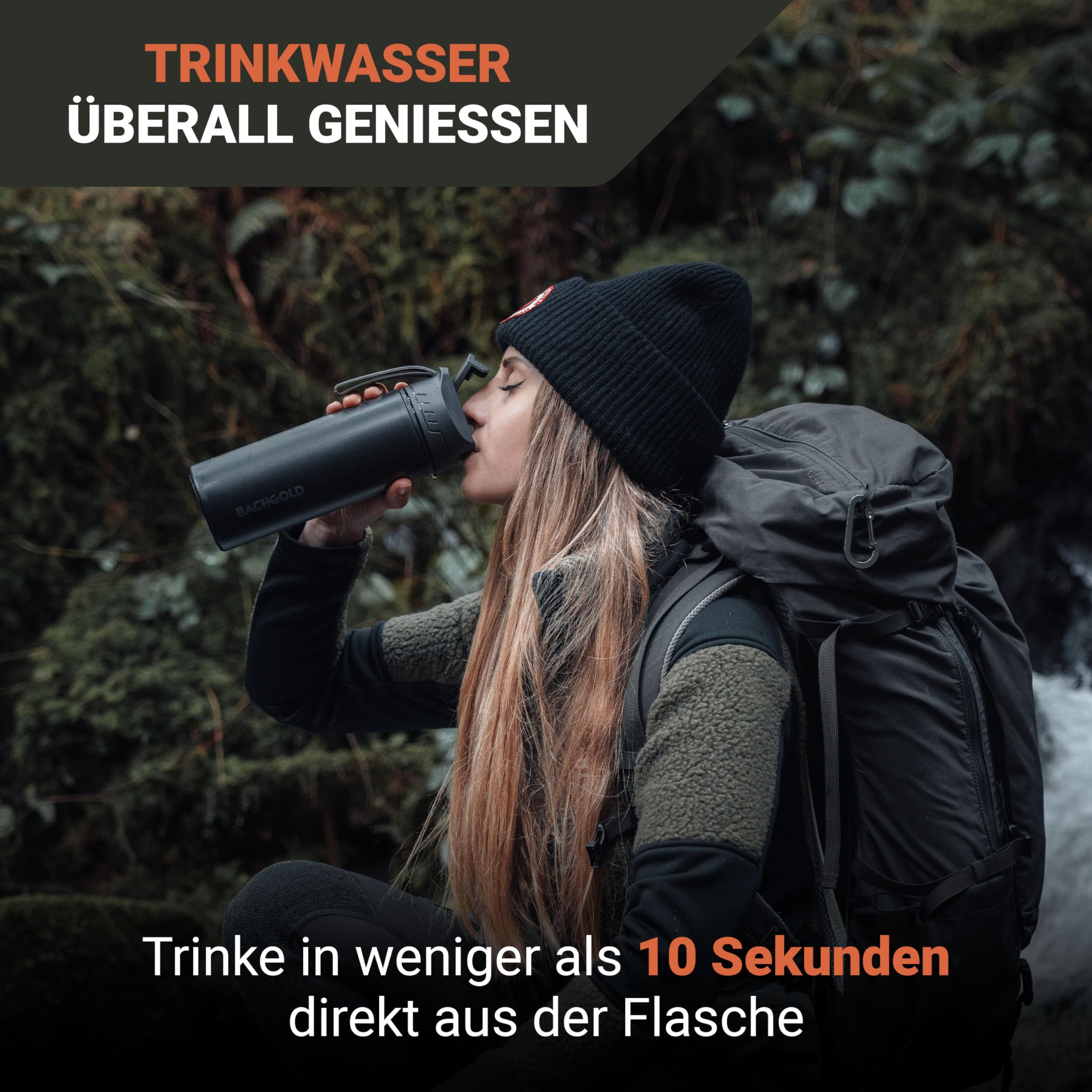 Bachgold® Profi Outdoor Wasserfilter Flasche I Entfernt 99,99% aller Bakterien und filtert Mikroplastik, Partikel und Chlor I Blackout & Krisensicher (Schwarz, 500ml)