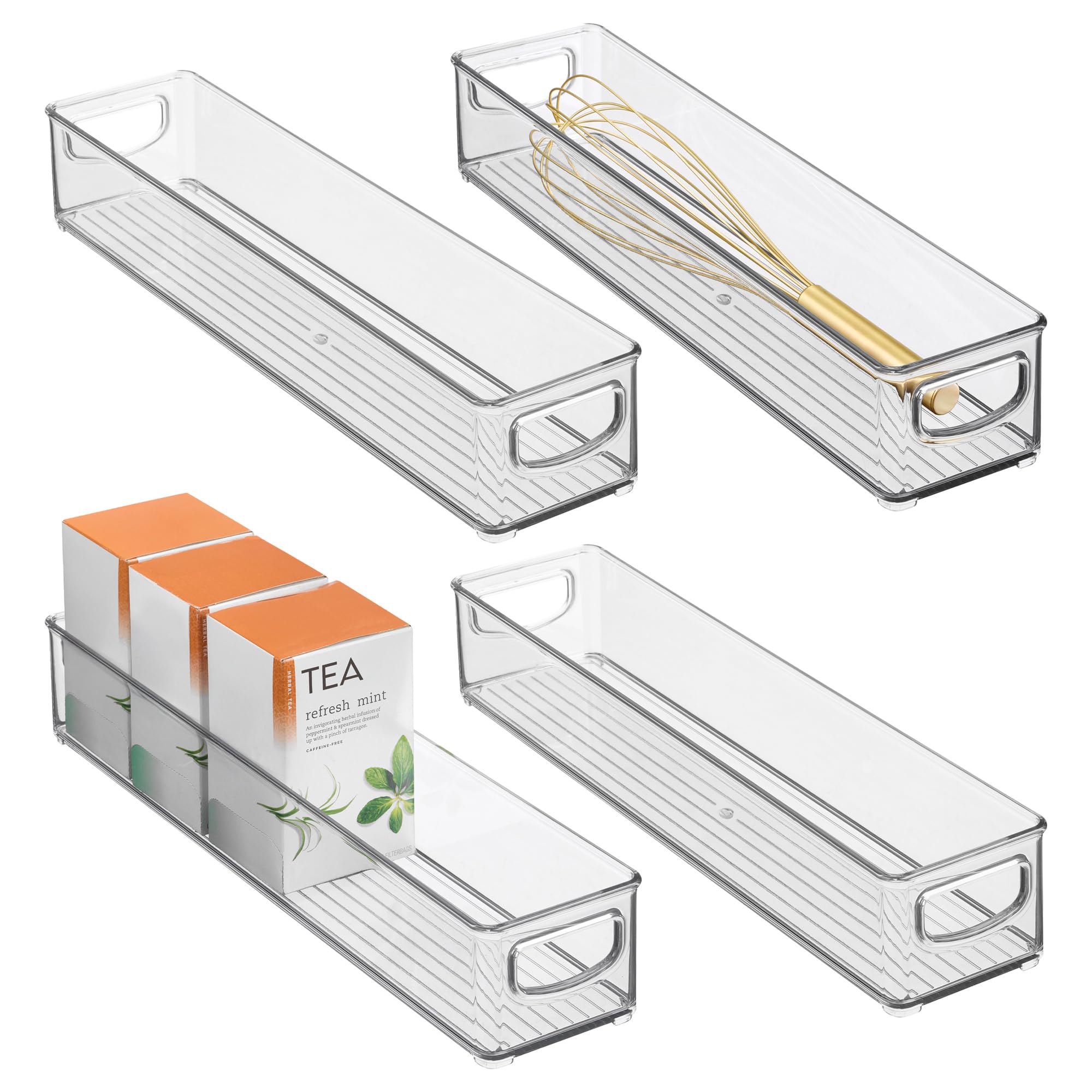 iDesign - Contenedores apilables de plástico para despensa con asas, contenedores de almacenamiento para organizar la cocina, juego de 4, transparentes