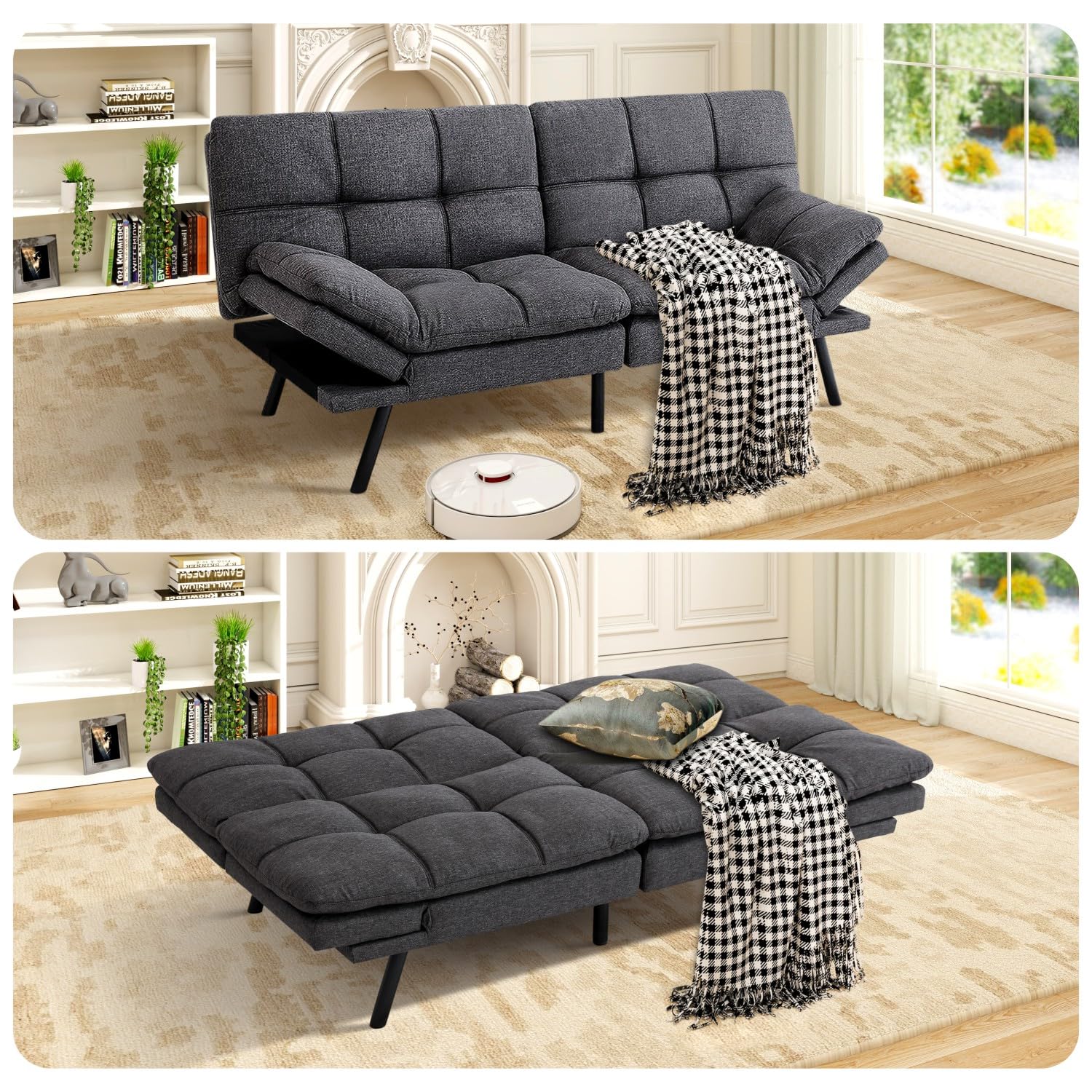 MUUEGM Futon Sofa Bed 71" Gunmetal Convertible Memory Foam Futon Couch Bed Modern Loveseat Sleeper with Adjustable Backrests Armrests for Living Room,Small Space,Office