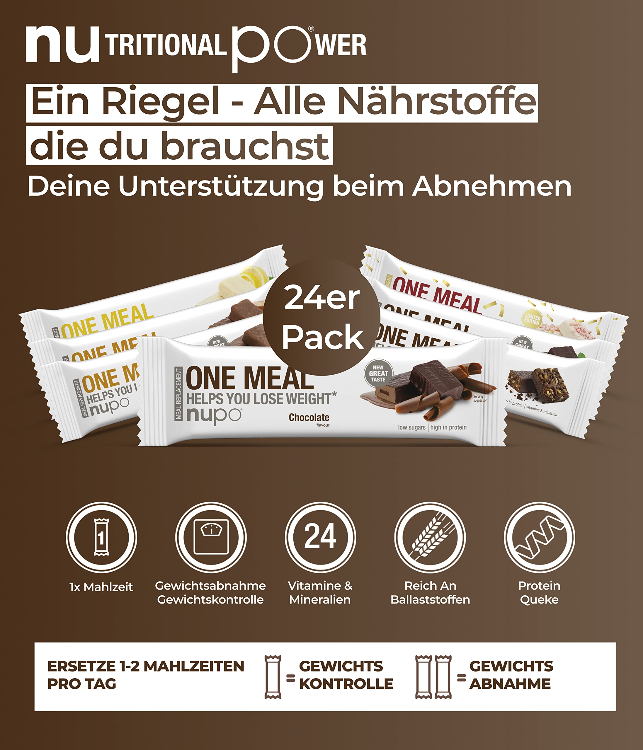 NUPO One Meal Bar – Cioccolato I Gustose barrette sostitutive del pasto per una dieta equilibrata I Ti aiuta a perdere peso I Alto contenuto di proteine I 24 vitamine e minerali I 24 x 60g