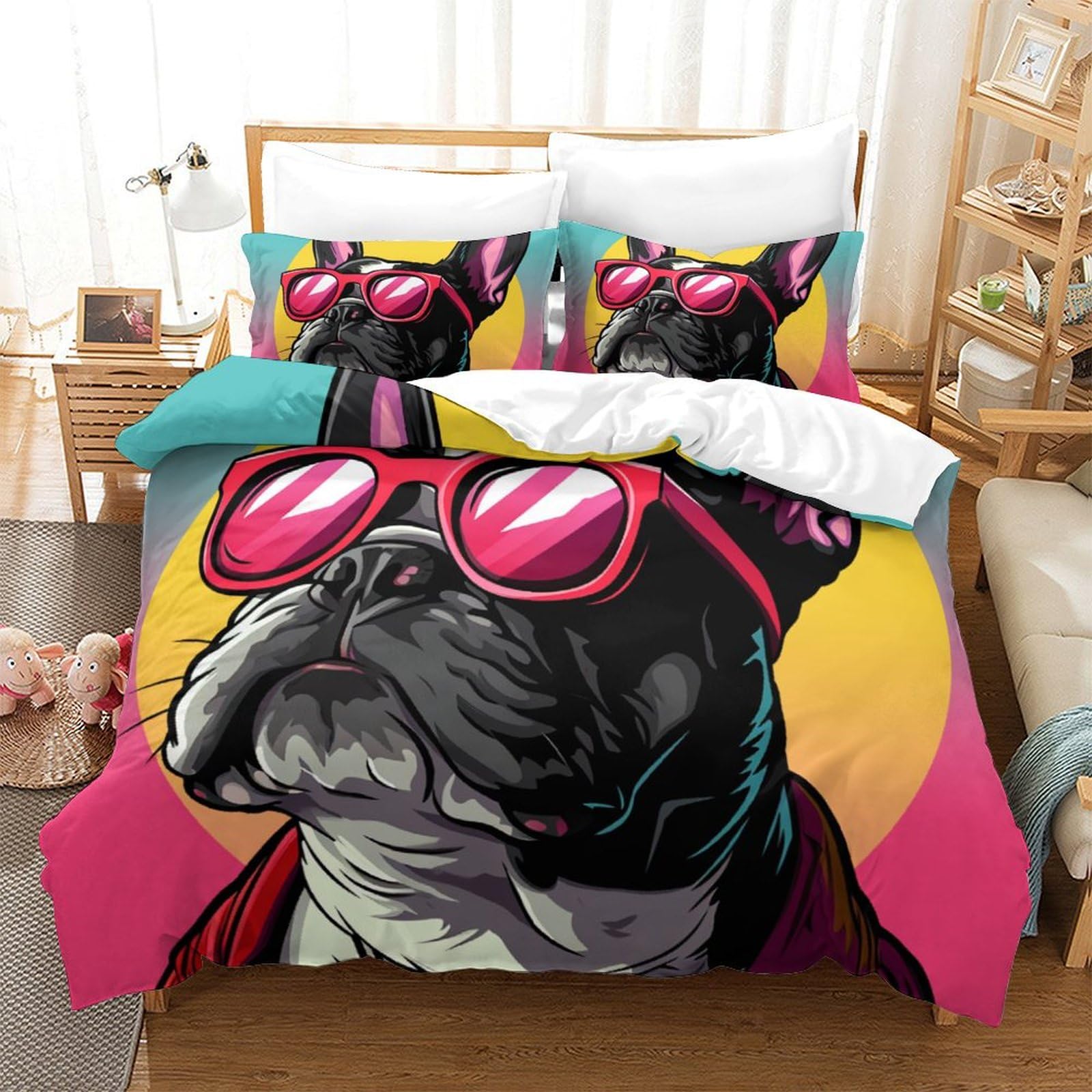 Housse de couette bouledogue français 3D 3 pièces 260x220cm pour lit enfant et adulte super king