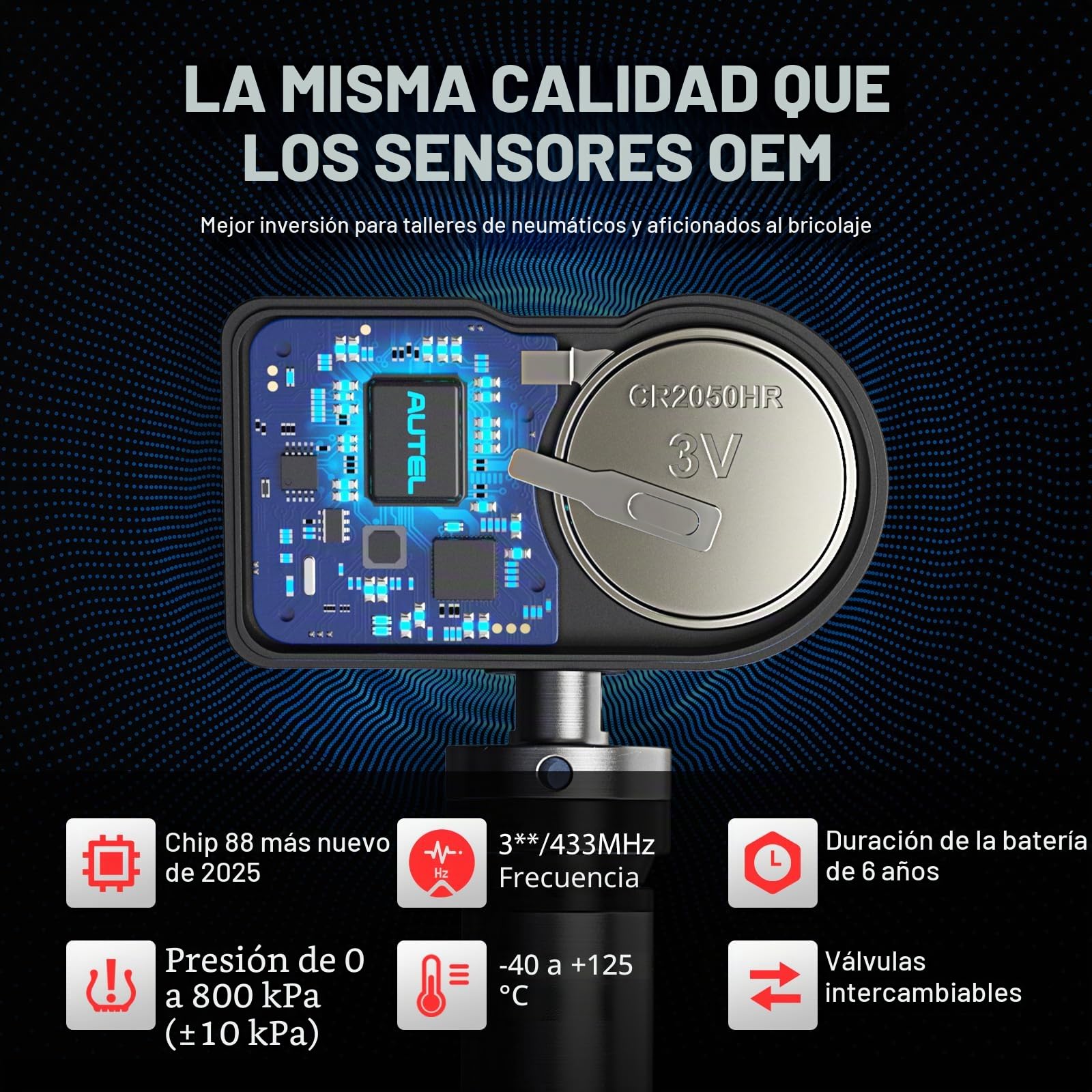 Autel MX-Sensor Doble Frecuencia, Sensores TPMS de Nivel OE para 98% Autos, Funciona con TS408S TS501Pro TS508WF TS601 TPMS Herramienta, Sensor de Neumáticos 100% Programable (Válvula de Metal, 4PCS)