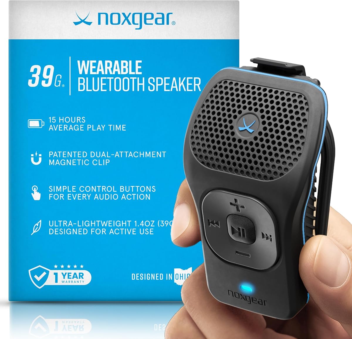 Altavoz Bluetooth portátil noxgear de 39 g, mini con clip, negro | Pequeño altavoz Bluetooth magnético con clip, resistencia al agua IPX7, batería de 15 horas, detección de oído abierto, micrófono, alcance de 100 pies