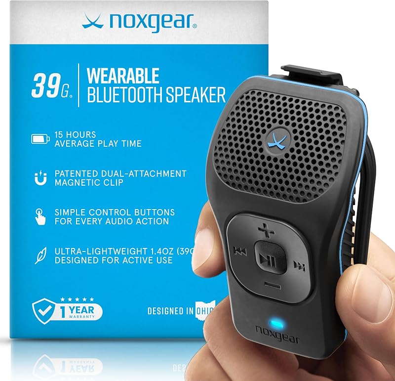 parlante Bluetooth portátil noxgear de 39 g, mini con clip, negro | Pequeño parlante Bluetooth magnético con clip, resistencia al agua IPX7, batería de 15 horas, detección de oído abierto, micrófono, alcance de 100 pies