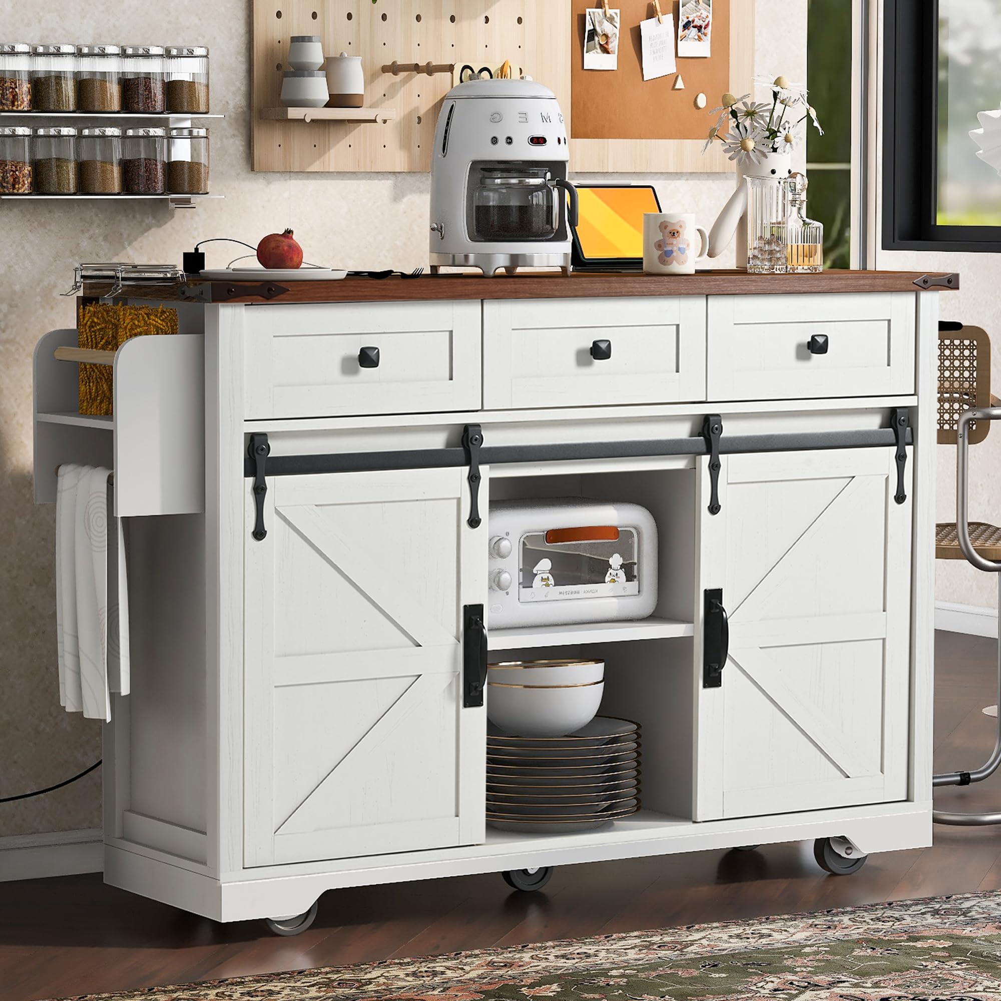 Amazon.com: Amposei Farmhouse Kitchen Island on Wheels with Drop Leaf ...