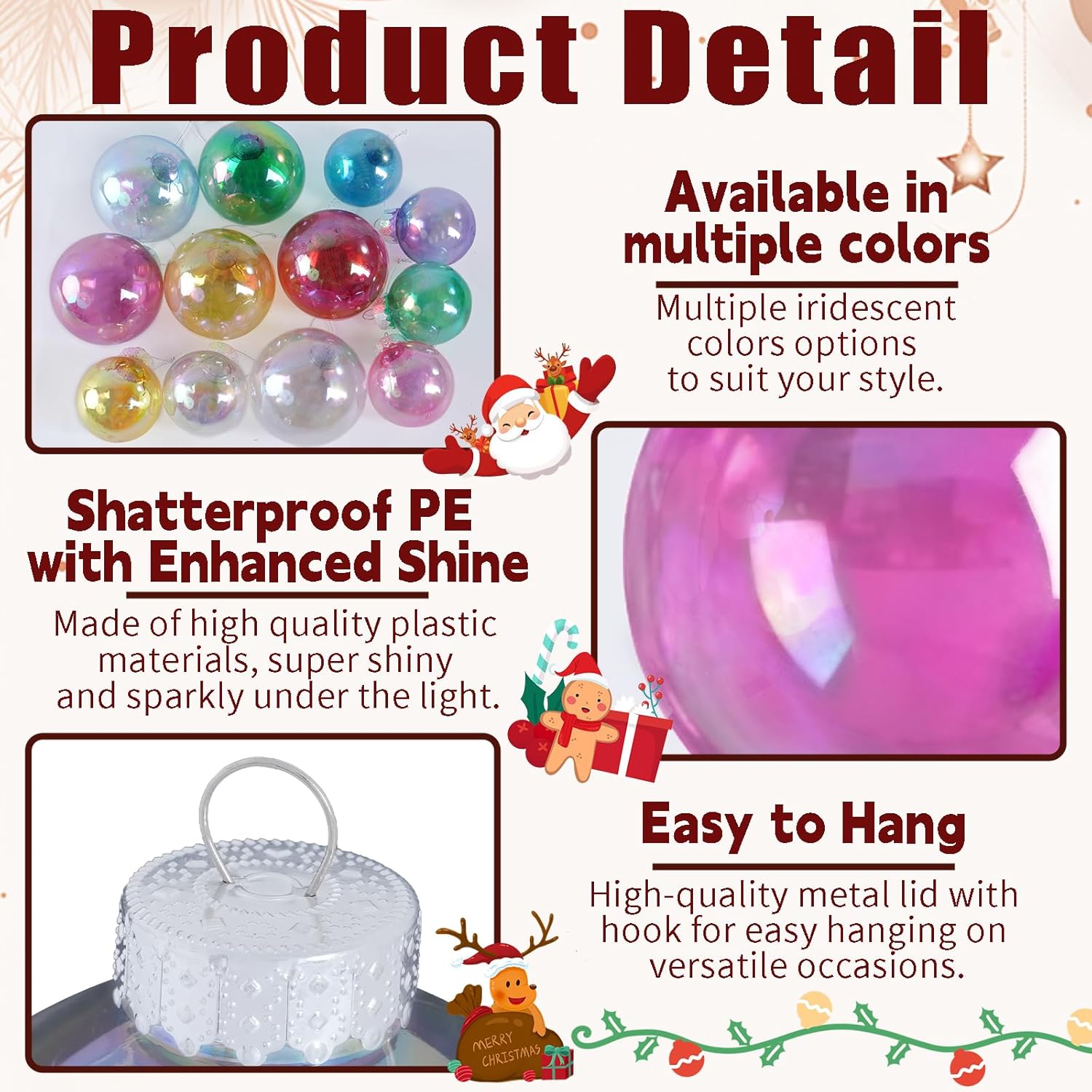 Christmas Balls Ornaments Set, 20Pcs Multi Colored Iridescent Decorative Hanging Balls for Christmas Trees Decorations, Plastic Clear and Shiny Ornaments for Xmas Tree Holiday Party Wedding