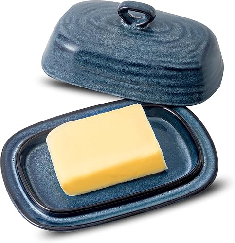 Miniatura 6 de Juego de 3 piezas de cerámica, juego de salero y pimentero, plato de mantequilla con tapa, azul