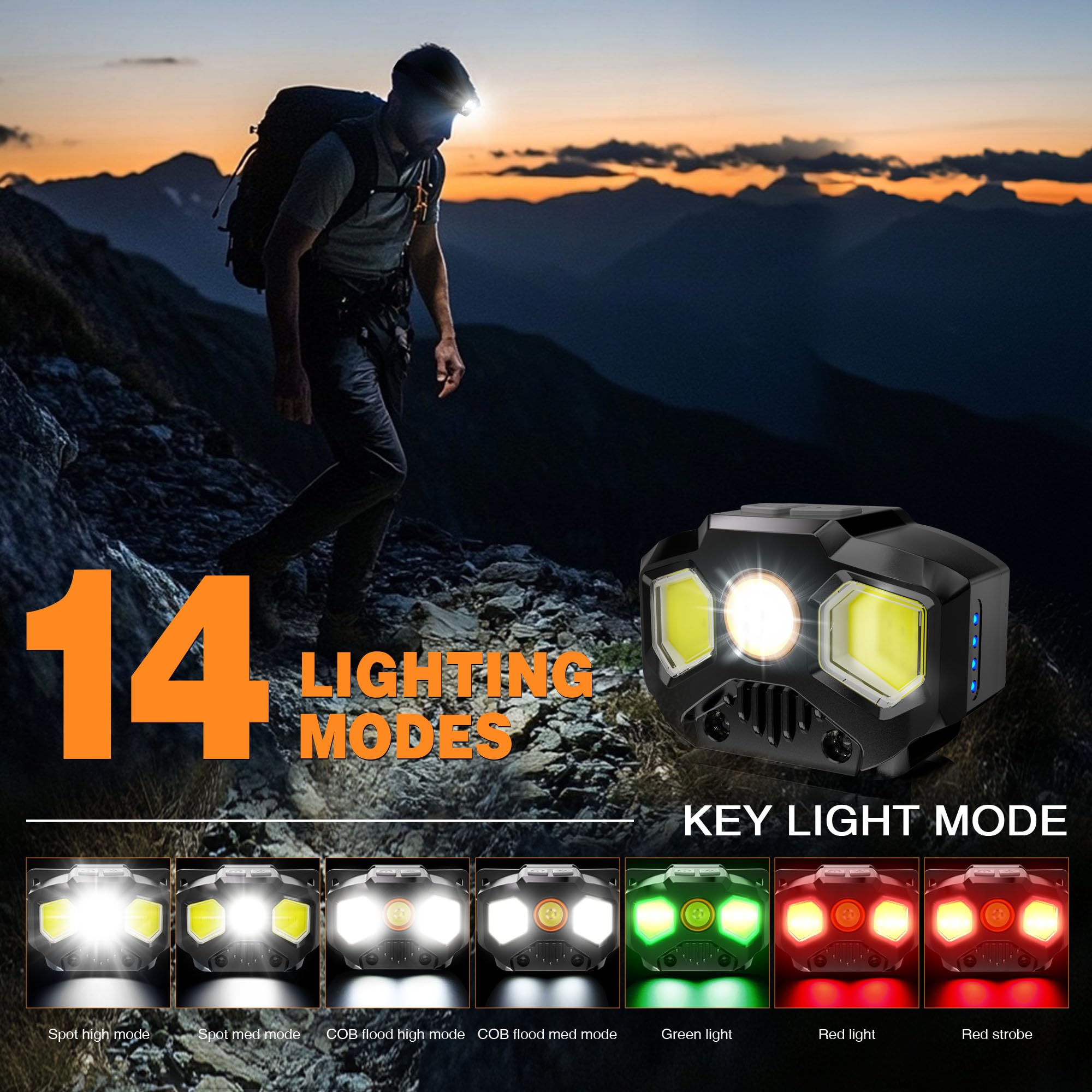 Lot de 2 lampes frontales rechargeables, 1300 lumens, ultra lumineuses avec blanc, rouge, vert, 14 modes, réglables, étanches, détecteur de mouvement, pour camping, randonnée, course à pied, cyclisme