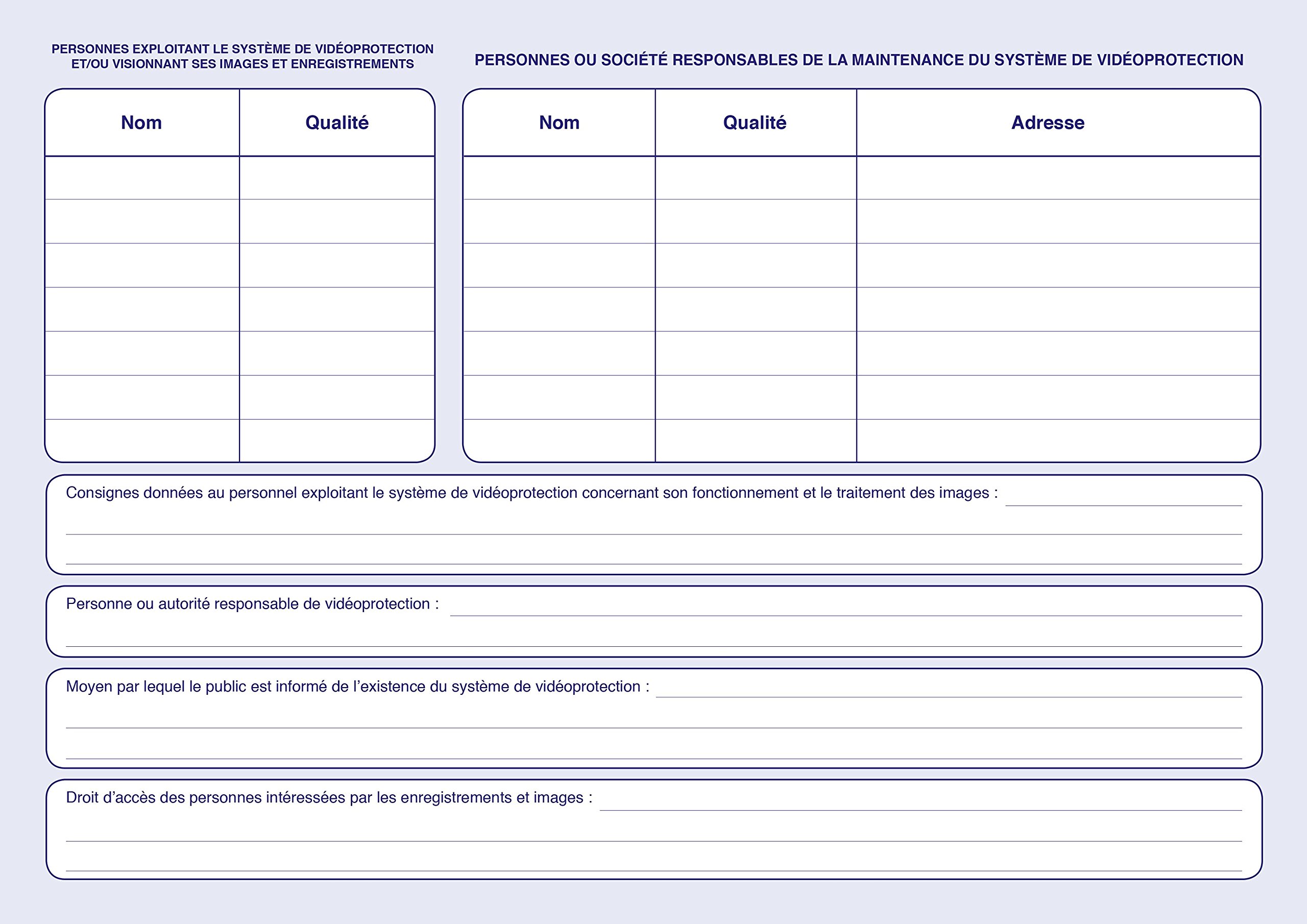 ELVE Registre de Vidéoprotection A4 21x29,7 à l'italienne 104 pages