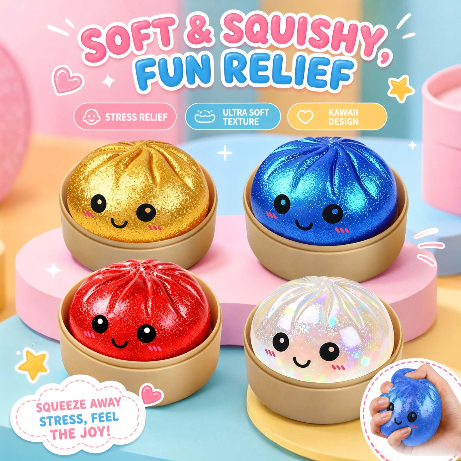 4 Stück Dumpling Squishy Mystery, Glitter Dumpling Squishy Mystery | Glitter Dumpling Squishy Mystery für Anti Stress Spielzeug, Dumplings Squishys XXL Mit Freunden