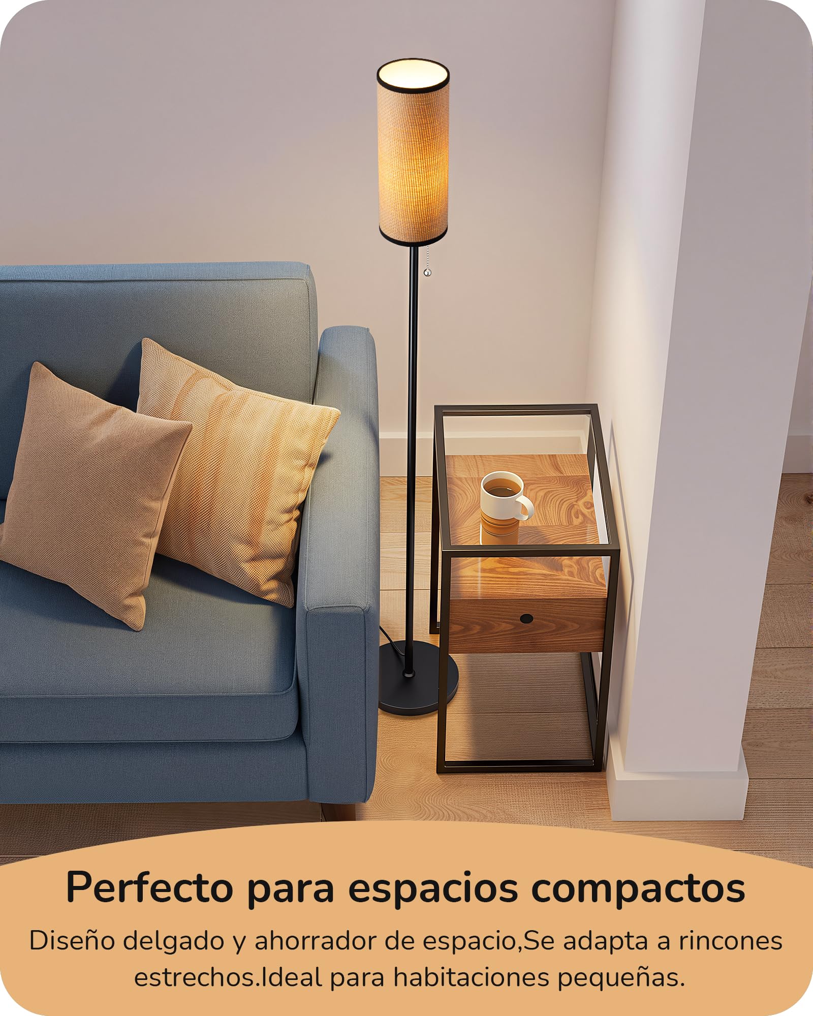 EDISHINE Lámpara de Pie para Salón, Lámpara Moderna Negra con Pantalla de Cuerda Trenzada y Base de Mármol, Casquillo E27 Incluido con Bombilla LED 6W, Luz Cálida 2700K para Dormitorio, Pasillo