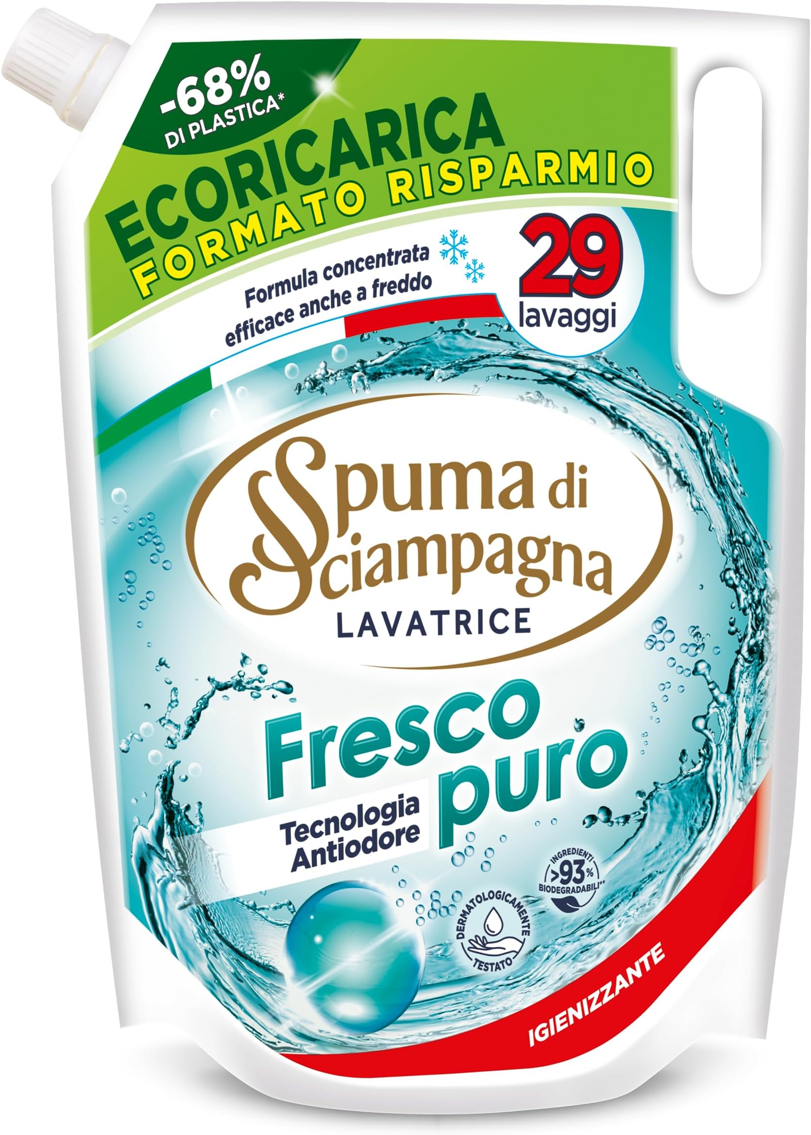 Spuma di SciampagnaEcoricarica Fresh Pure Washing Machine Detergent, Concentrated Formula with Anti-Odour Technology, Sanitizing with 93% Biodegradable Ingredients - 1300 ml, 29 Washes