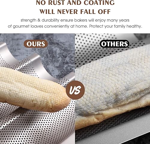 Miniatura 4 de Sartén para baguette, sartenes francesas para hornear, antiadherentes 3 ranuras perforadas italianas para pan, molde de pan francés largo, dorado
