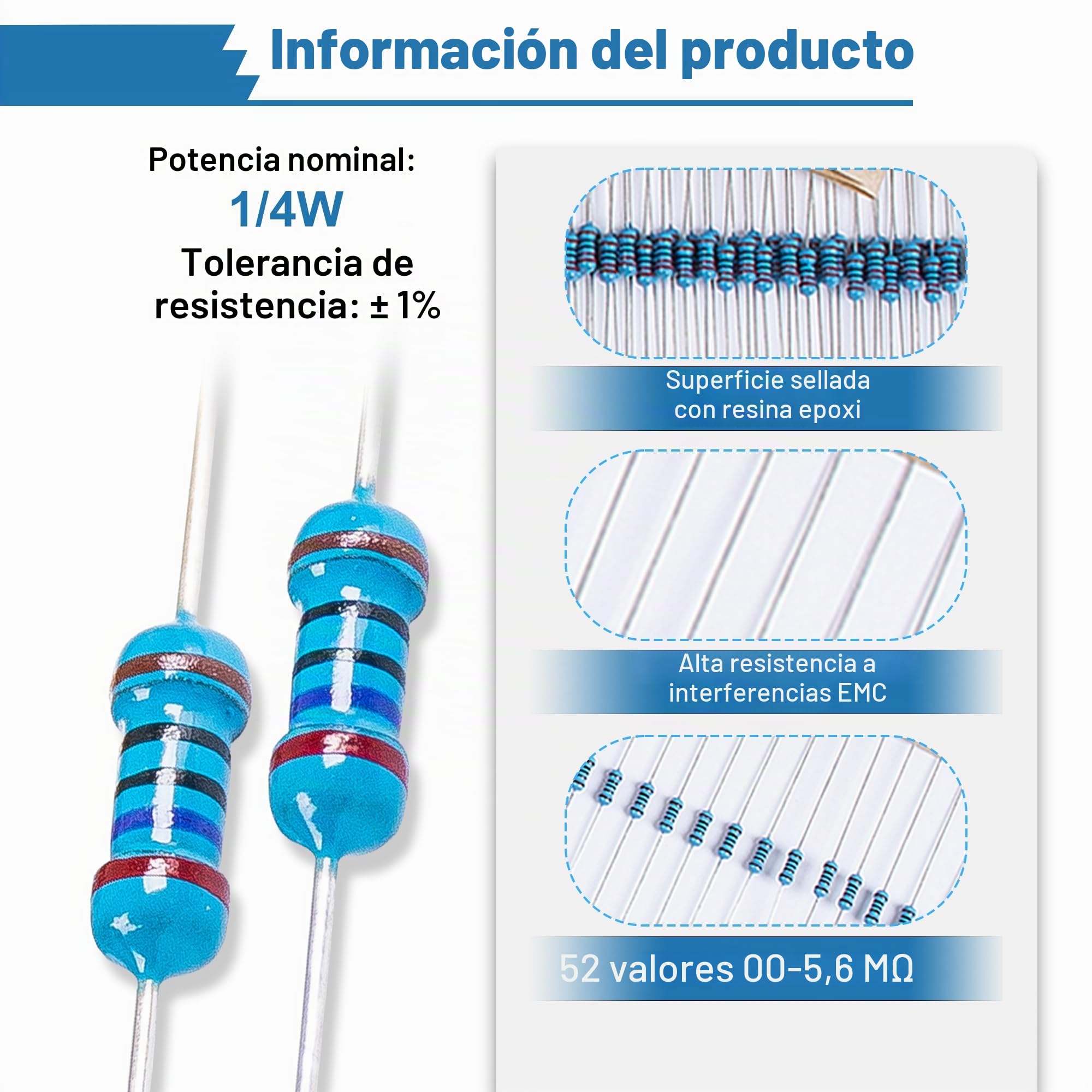 Miuzei 1475 Piezas Surtido de Resistencias Electronica Kit 1/4W ±1% 0 Ohm a 5.6M Ohm alta precisión
