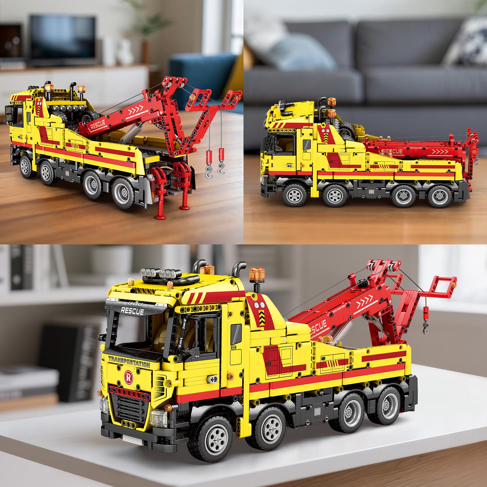 Reobrix Camion de remorquage RC Jouet de construction avec application/télécommande Véhicule robuste de sauvetage avec moteur, grue technique 22012 Brique de construction de voiture Cadeau pour adulte