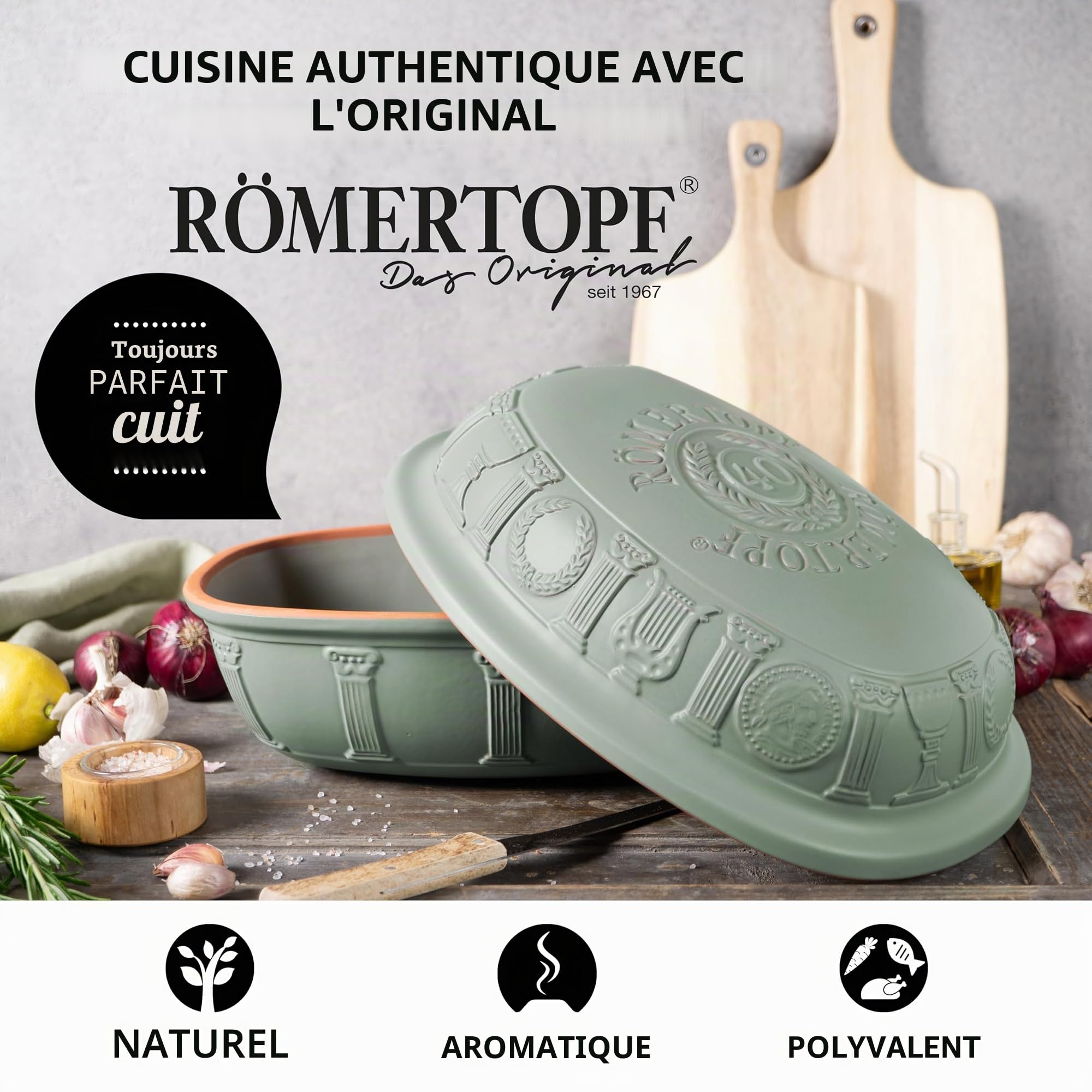 Römertopf Cocotte 40 ans JUBILÄUM verte pour 6 personnes – Cocotte de 3,5 l avec couvercle en céramique – Pour mijoter, rôtir et cuire à la vapeur – Passe au four