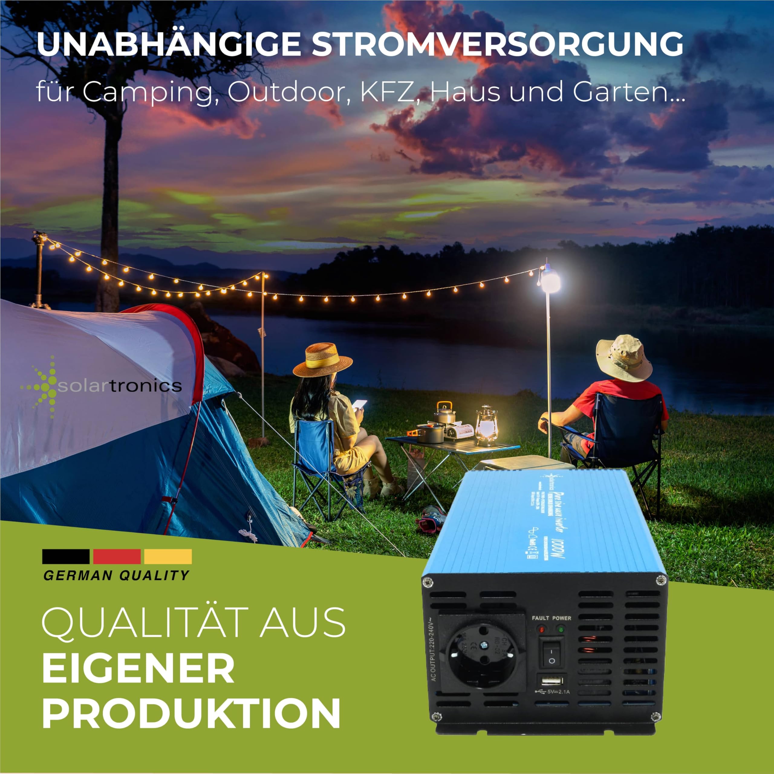 SOLARTRONICS TS1000 Spannungswandler 24V 230V 1000/2000 Watt Reiner Sinus blau Solar Inverter 24V auf 220V Wechselrichter Umrichter USB AC Steckdose
