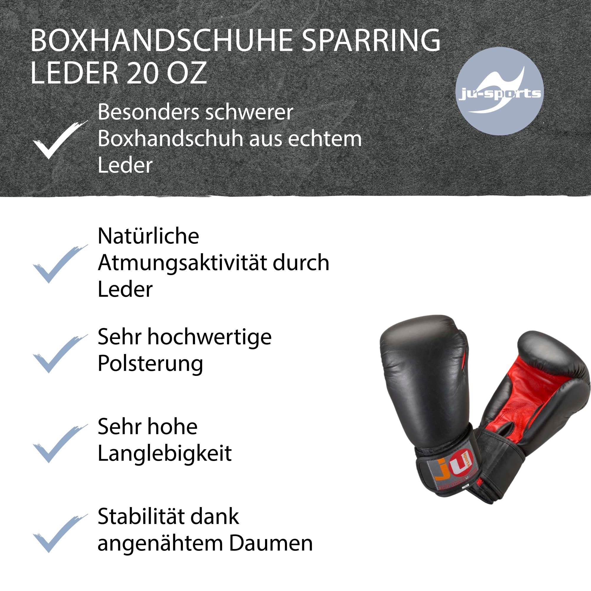 Ju-Sports Boxhandschuhe Sparring Leder - 20oz, schwarz/rot I Schwere Box Trainingshandschuhe für Ausdauer & Sparring I Handschuhe mit Daumenschutz
