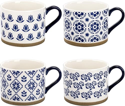 Miniatura 4 de Coloch Paquete de 4 tazas de café de cerámica con asa, tazas de café azules de 14 onzas, tazas de café impresas a mano, tazas de té de cerámica para