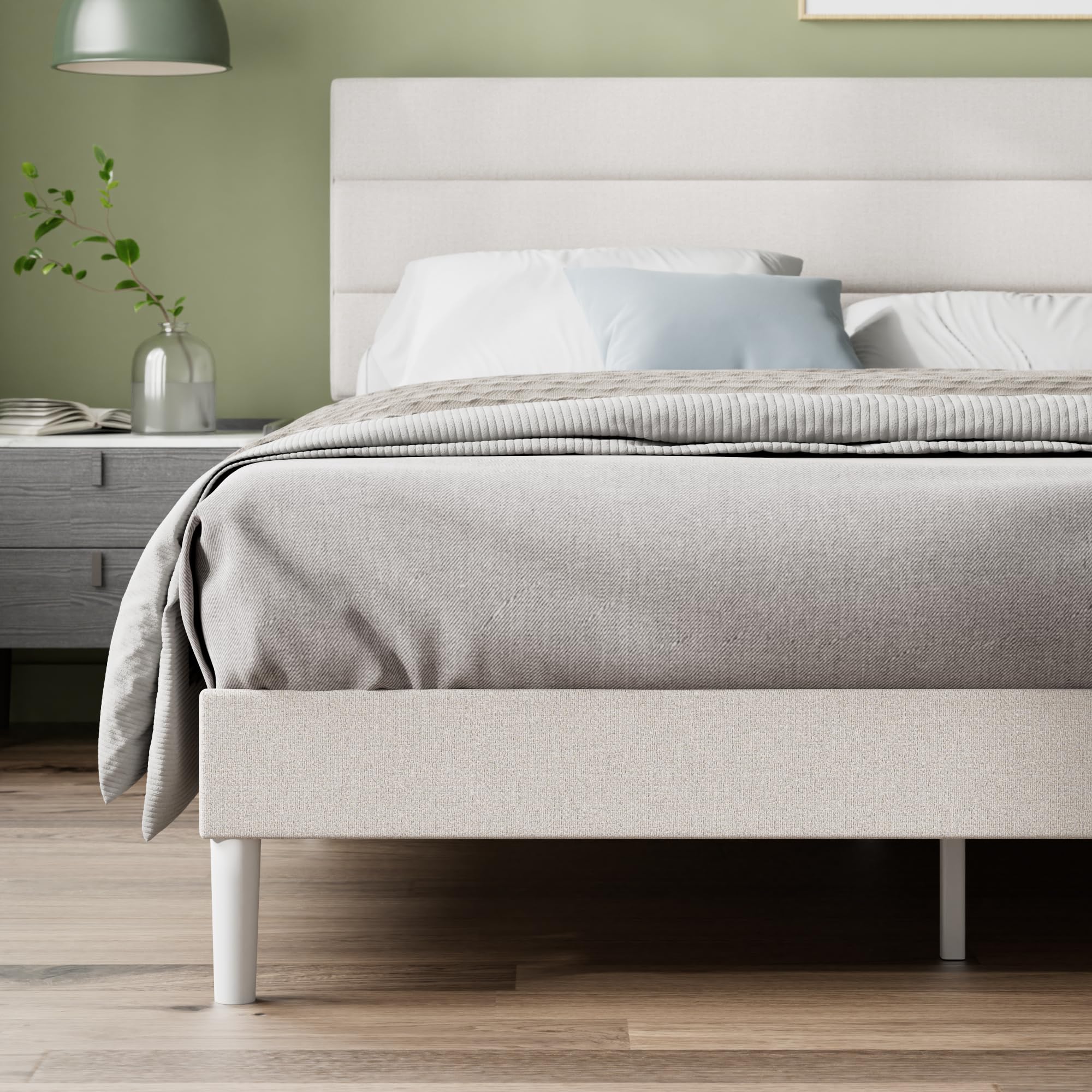 Zinus Piper Struttura Letto 160x190 cm con Testiera - Altezza 30 cm - Letto Matrimoniale Imbottito con Rete a Doghe in Legno - Facile da Montare - Bianco Sporco