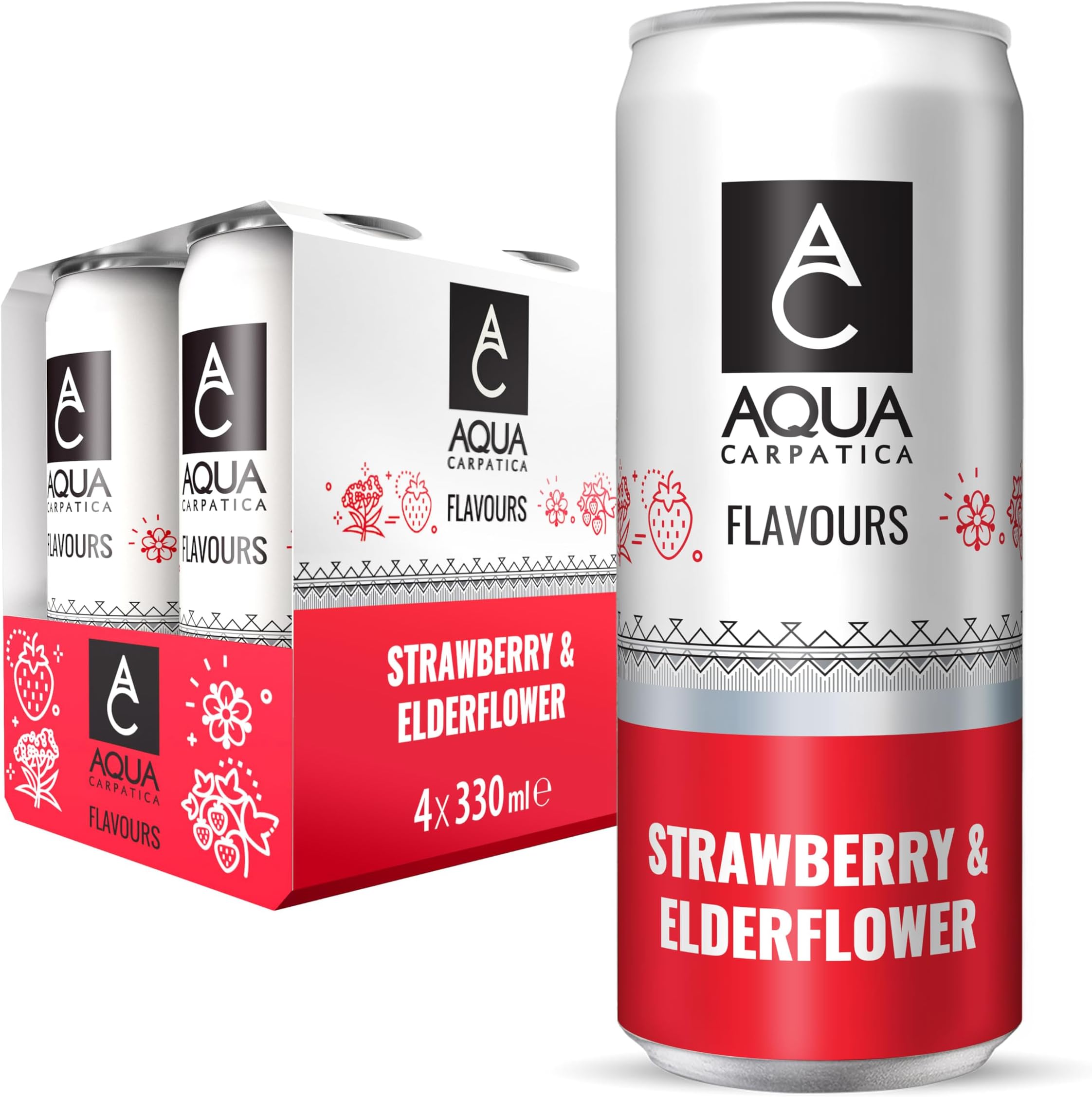 AQUA Carpatica Sparkling Flavours Strawberry & Elderflower 330ml x 4 - Natural Fruit Juice Infused Sparkling Water, Naturally Alkaline, Sweetened with Agave Syrup, Rich in Minerals
