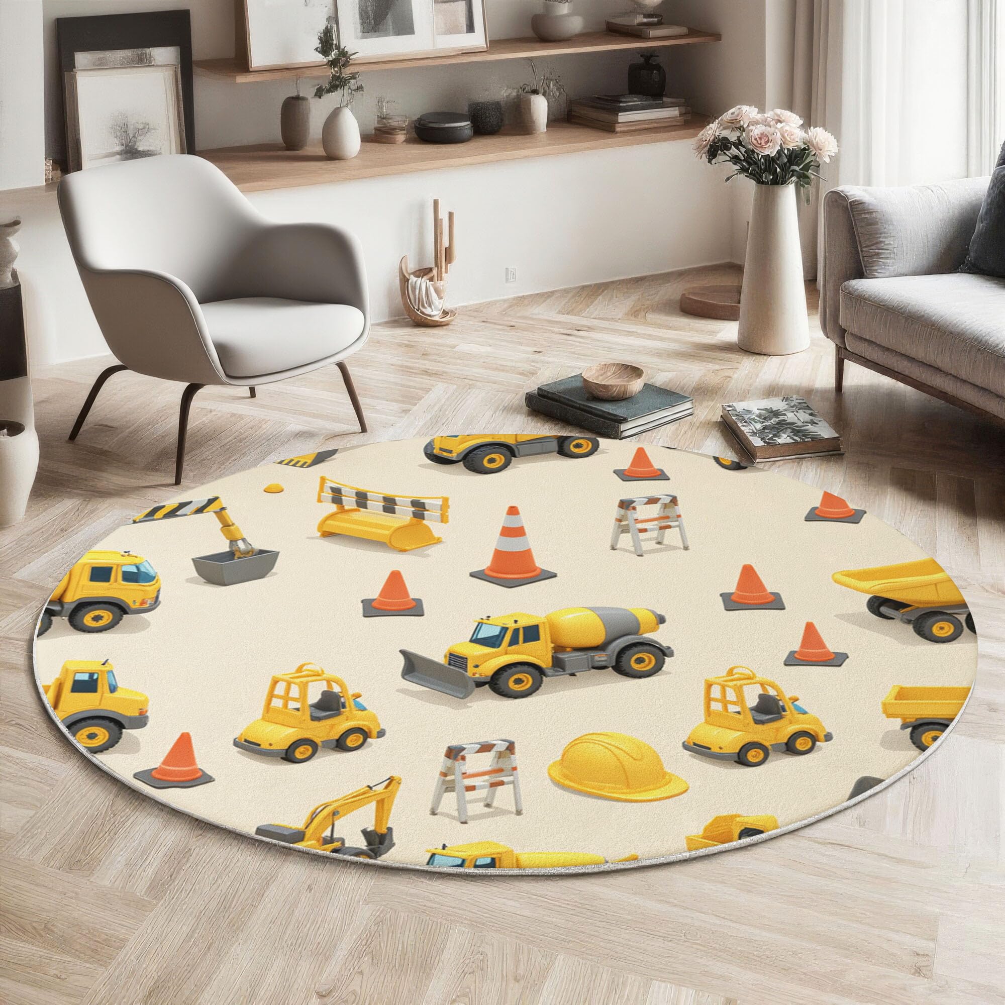 Tappeto Stile cartone animato Salotto, Veicoli da costruzione Mandala Tappetini Antiscivolo Tappeto per Bambini Cameretta Cucina Casa Zona Balcone Tappet Tavolino (100cm)