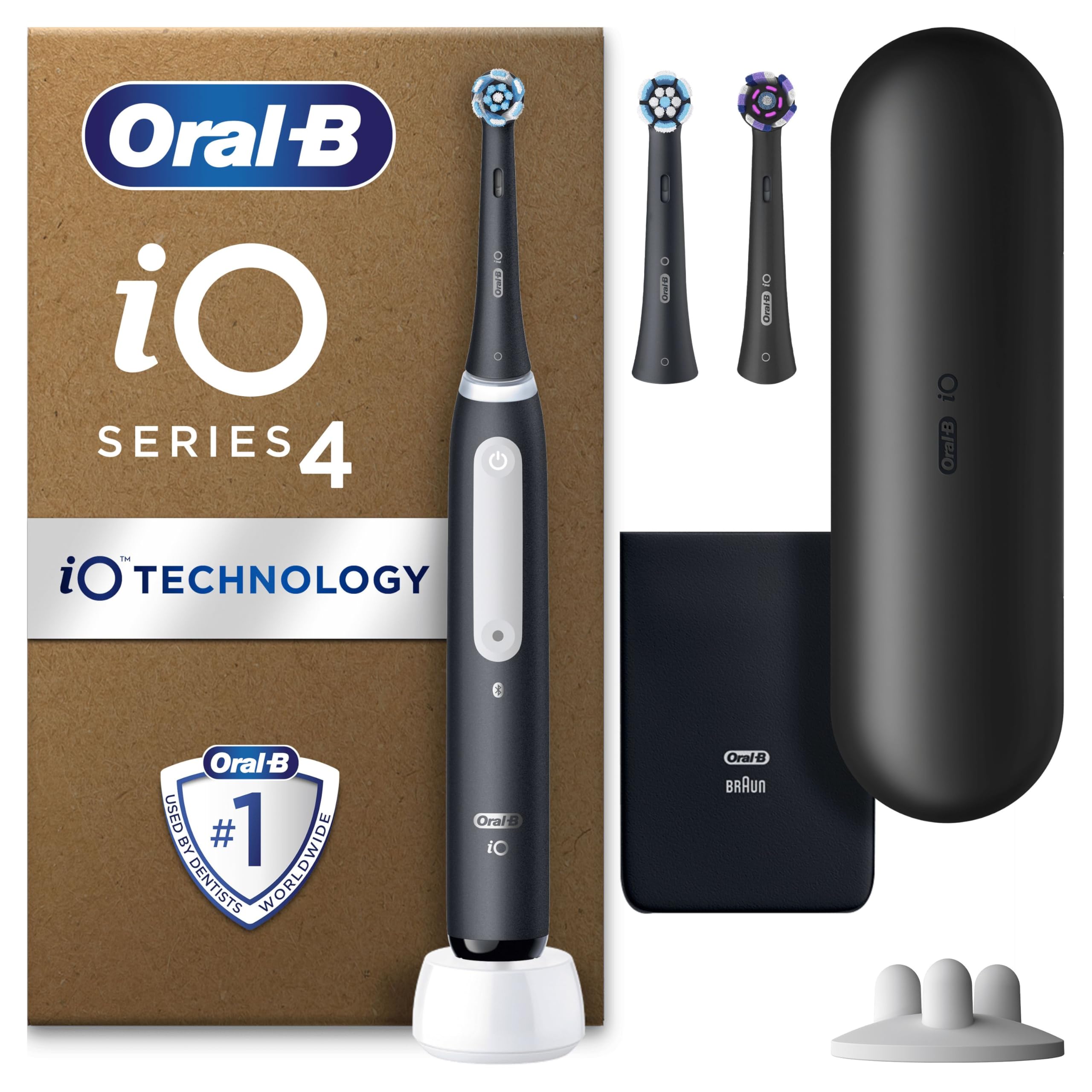 iO4 Electric Toothbrush For Adults, 3 Toothbrush Heads, Travel Case & Toothbrush Head Holder, 4 Modes With Teeth Whitening, 2 Pin UK Plug, Black
