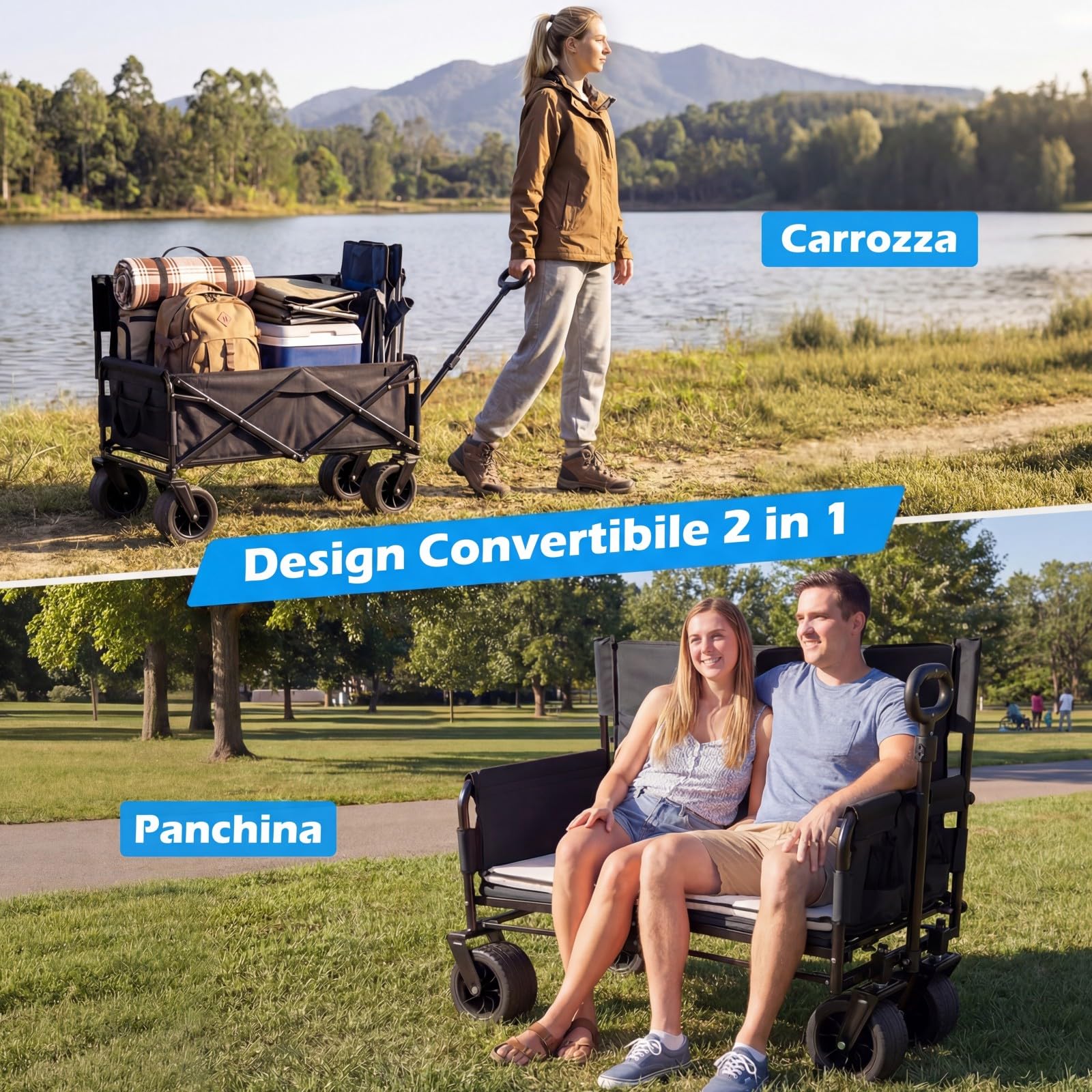 COSTWAY 2 in 1 Carrello Pieghevole con Panca, Carrello Trasportabile con Maniglia Regolabile, Cuscini Morbidi e Ruote, Carrello da Giardino in 600D Oxford, 80 kg, 85 L, per Campeggio e Spiaggia (Nero)