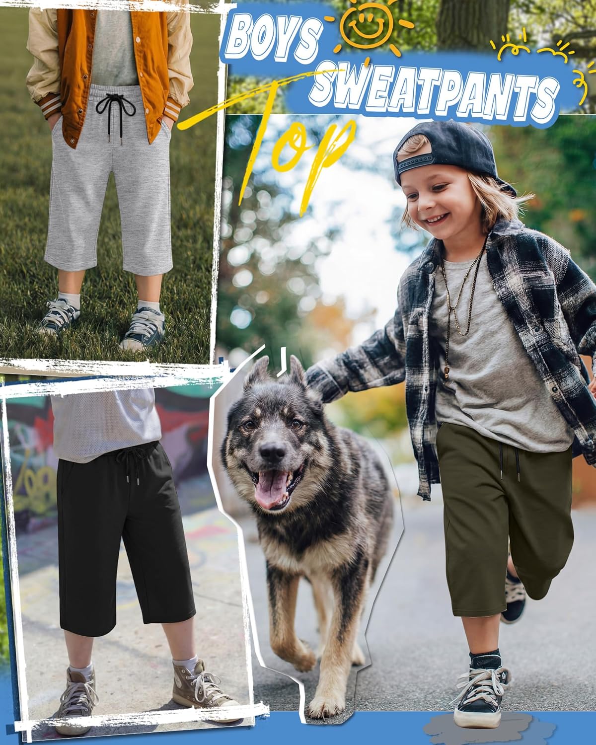 3 Pack Boys Capri Pants Teen Kids Wide Leg Drawstring Joggers Below Knee Shorts 3/4 Baggy Sweatpants with Pockets - Image 2