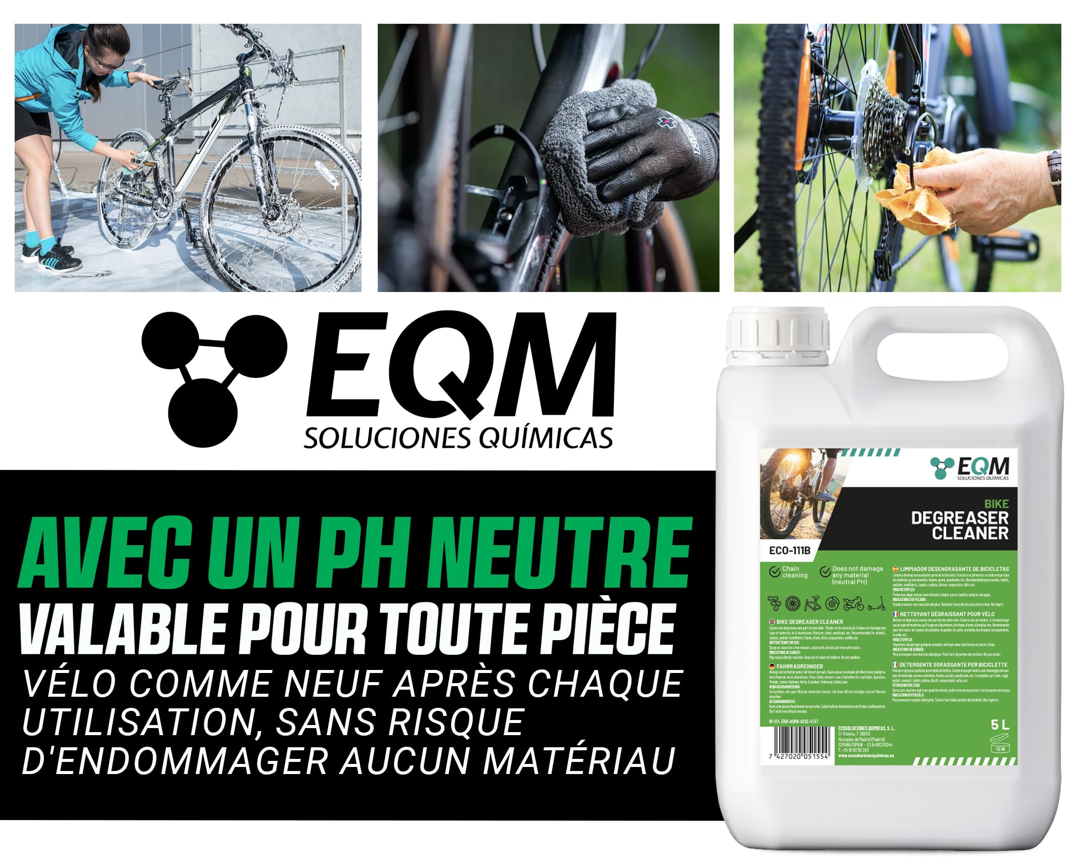 EQM - ECO-111B - Dégraissant pour Vélo - 5L - pH Neutre, Protège Toutes les Pièces - Dégraissant pour Chaînes