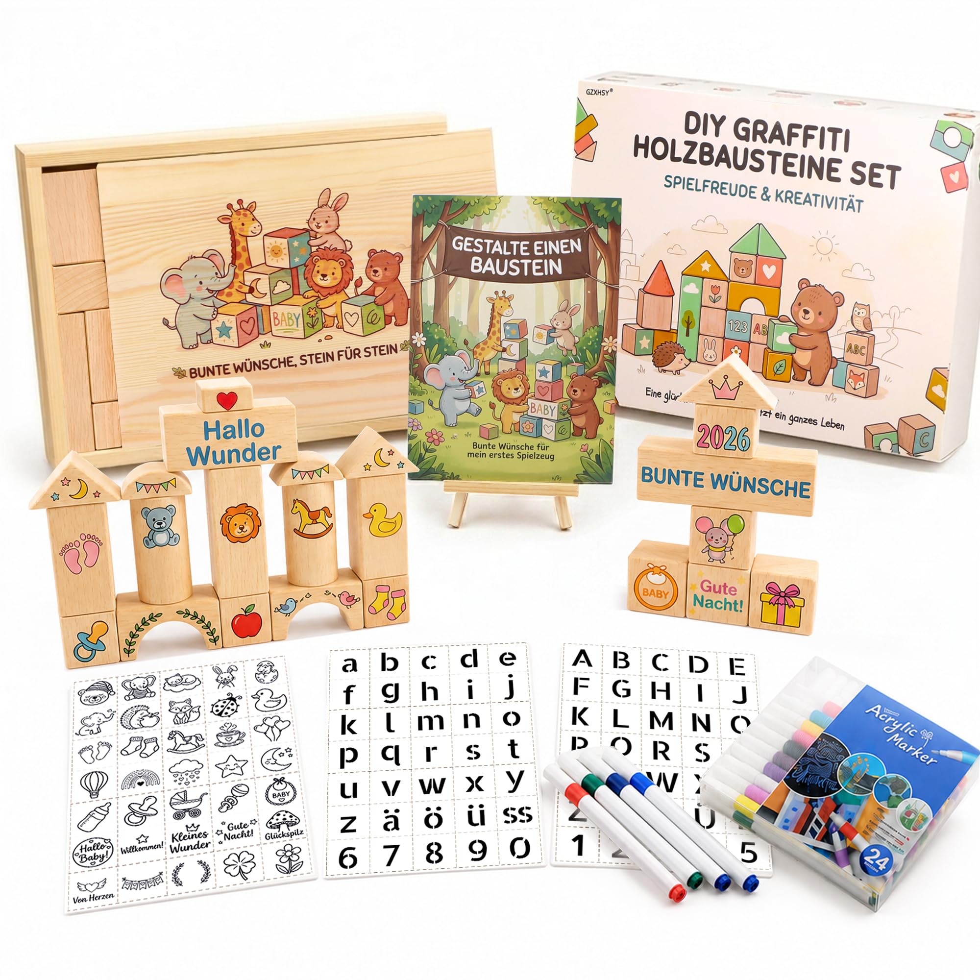 Babyparty Spiele DIY Buchen-Bausteine | 48 Holzbausteine, 24 Acrylmarker, 1 Holzbox, 105 Schablonen, 1 Poster & Halter (Naturholz | verschiedene Sonderformen)