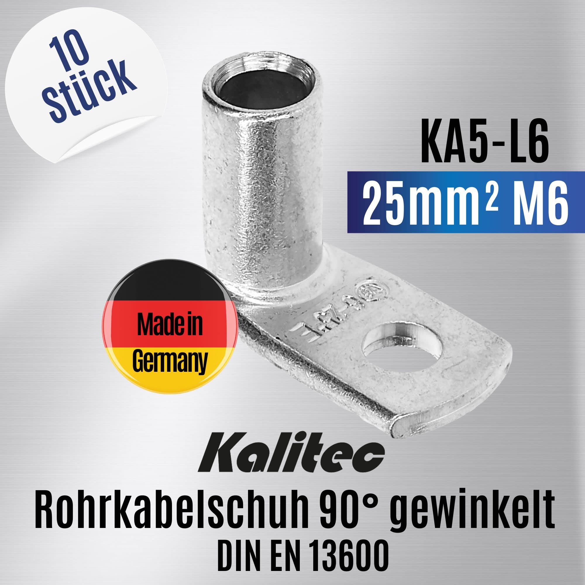 Kalitec 10x Cosses Tubulaires 25 mm² M6, Connecteur Câble Coudé 90° | Cuivre étamé anticorrosion, certifié UL, pour sertissage installation électrique auto, solaire et industrie, lot de 10