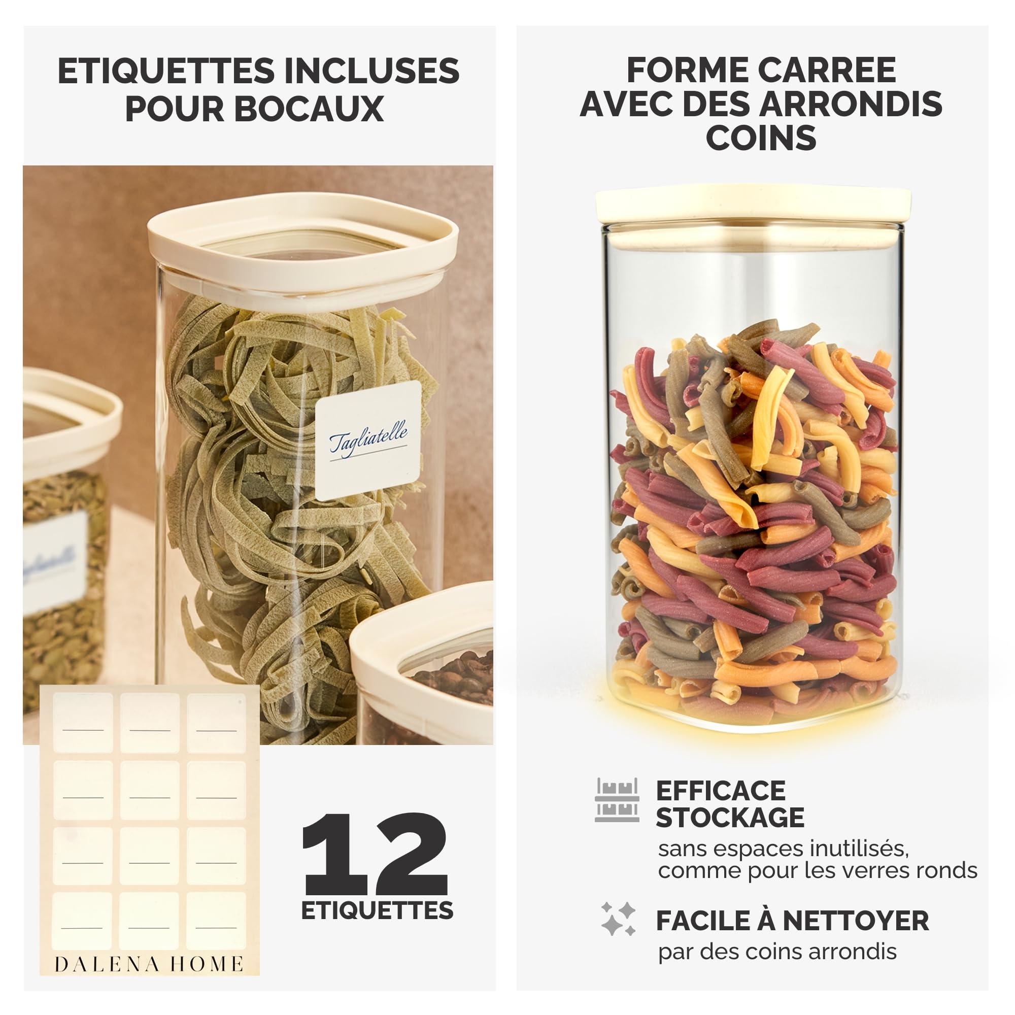 Bocaux Verre Hermétique Empilable, Set de 4 Verre Borosilicate Robuste + Etiquettes (4x 1500ml) - Boîte Rangement Cuisine - Pot Carrée