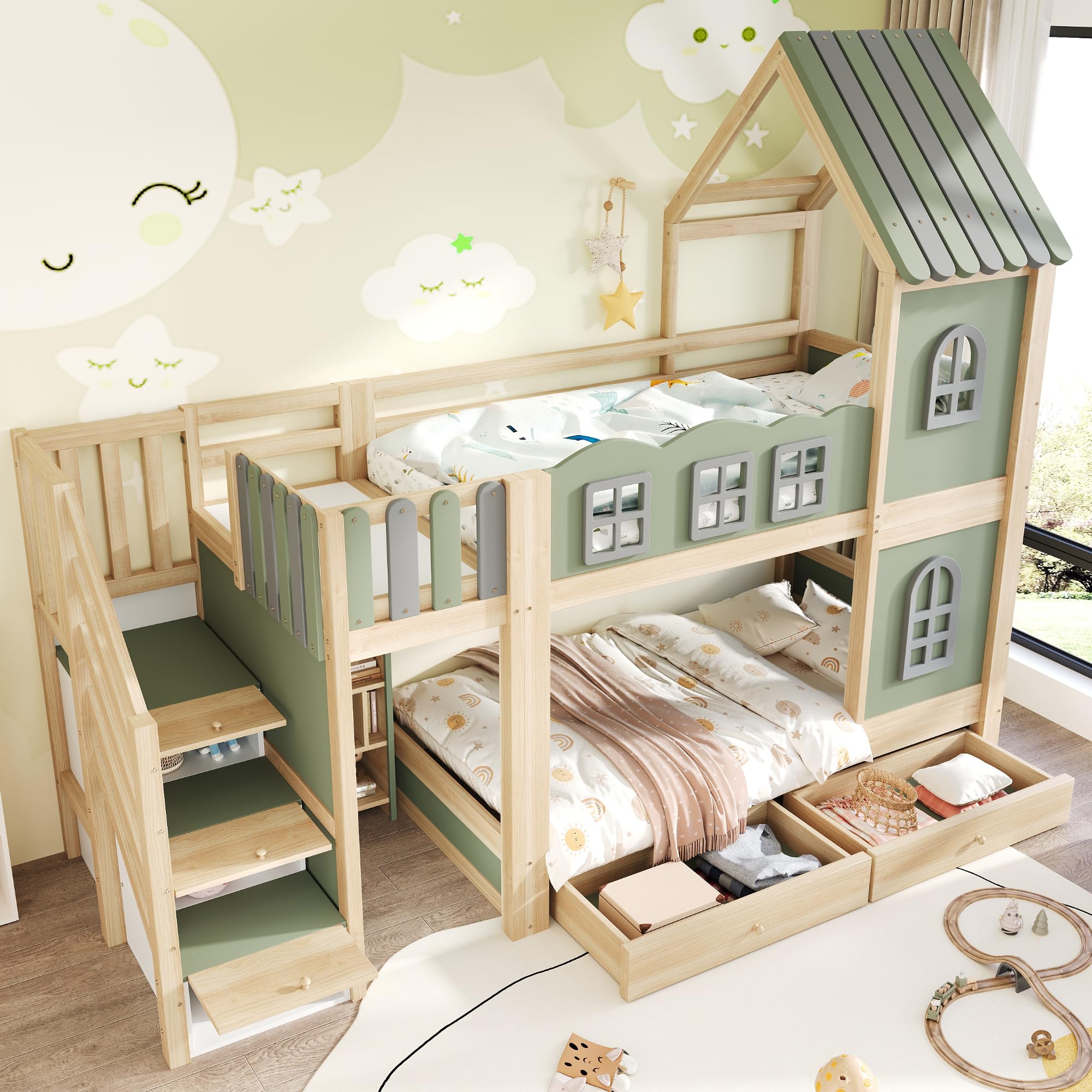 Kinder-Etagenbett 90 x 200 cm, Mit Bettgitter in Wolkenform, Dachkonstruktion Mit Fenstern, Stauraumleiter, Regalen und Schubladen, Kinderbett aus Holz, Bett für Jungen und Mädchen, Doppelbett(Grün)