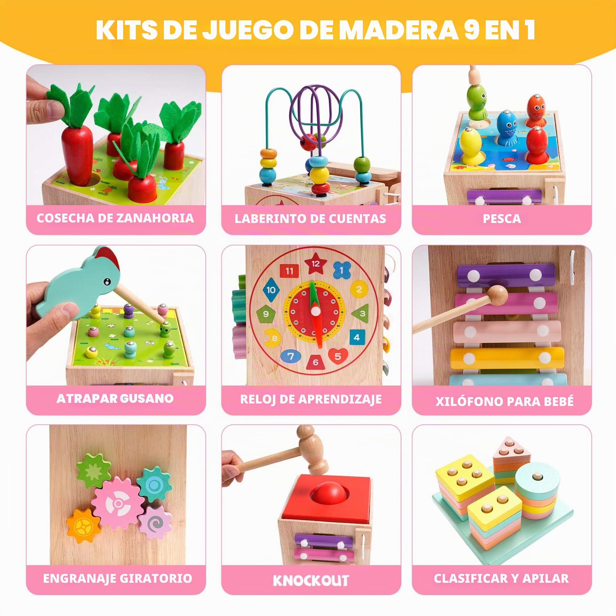 Cubo de Habilidades Motoras de Madera,9 en 1 Cubo de Actividades ,Juguetes Madera Bebe Con Recoger Zanahorias, Juego de Pelota,Pescar,Clasificar y Apilar Juguetes,Juguete Montessori 2 3 4 5 años