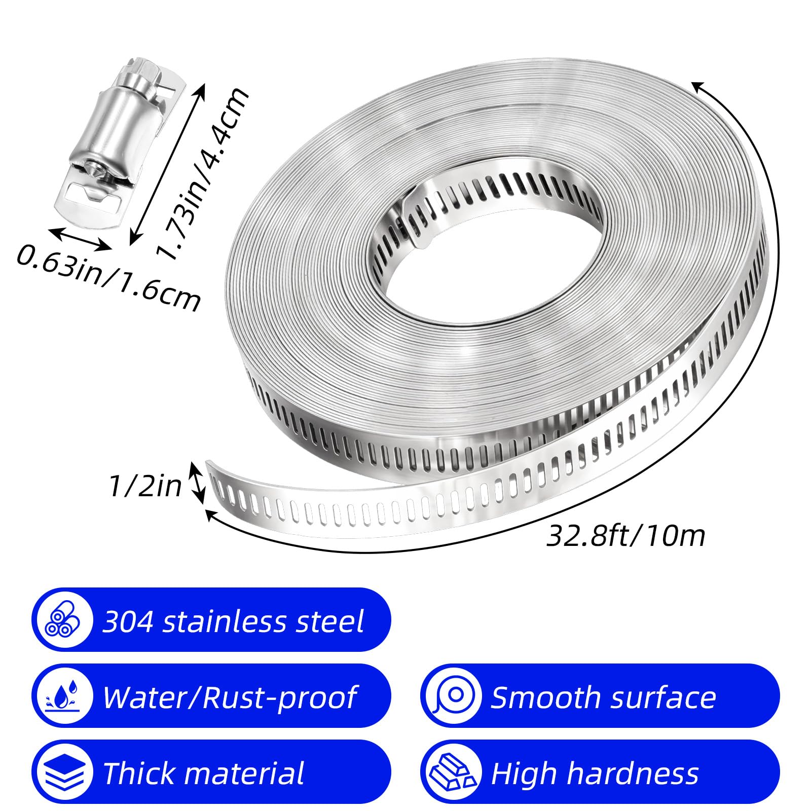 Kit surtido de abrazaderas de manguera de acero inoxidable 304, correa de metal de 32.8 pies + 24 sujetadores ajustables para tubería, conducto, tubo y línea de combustible