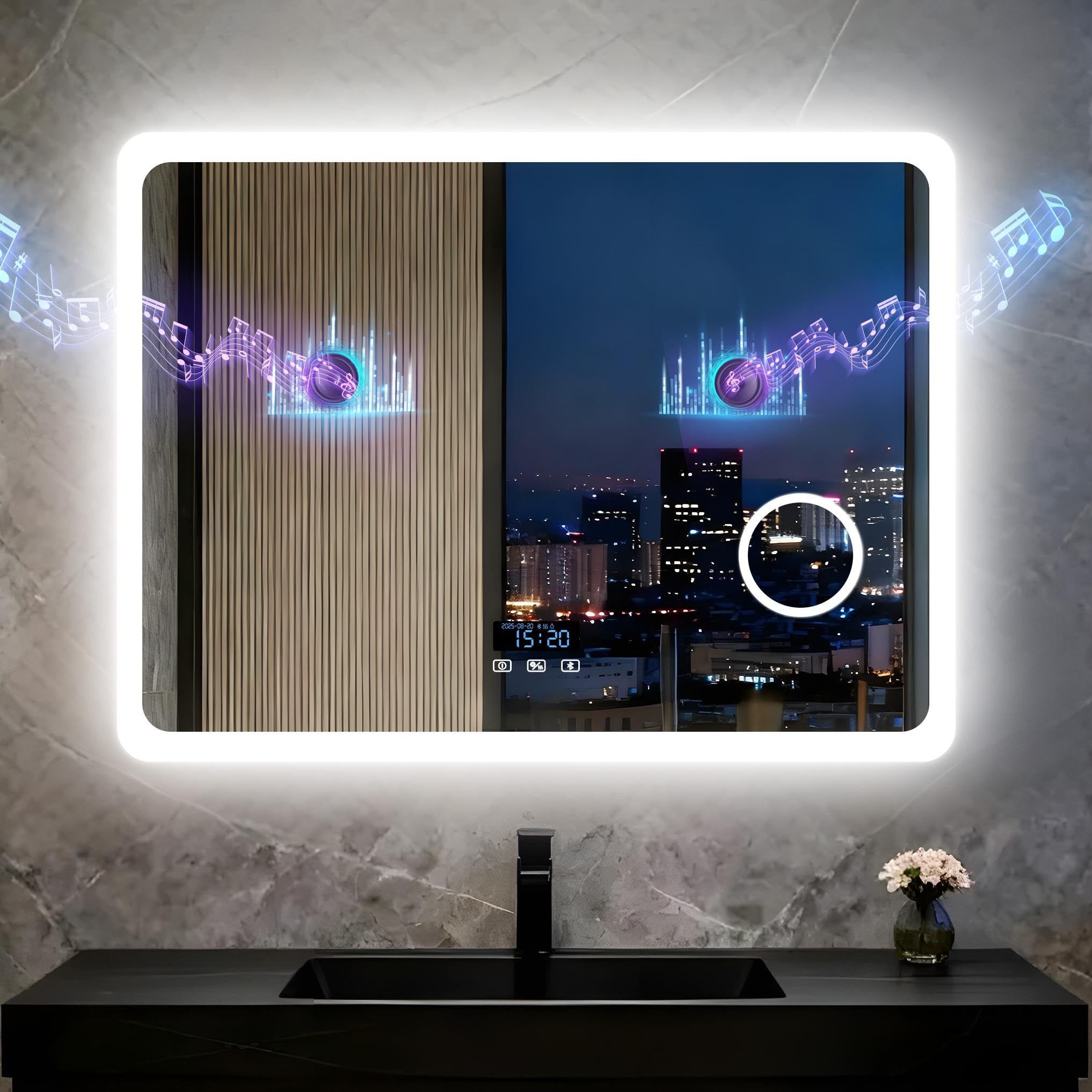 LUVODI 80x60cm Bluetooth Ora Data Specchio Bagno Led Luce Ingranditore 3X Antiappannamento 3000K-6000K Dimmerabile 3 Colori Luce Funzione memoria Specchio in Resina Specchio Retroilluminato Bagno