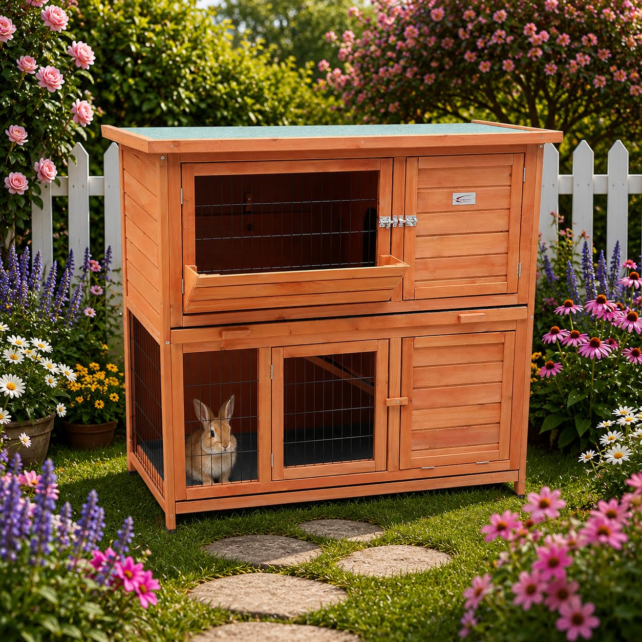 BUNNY BUSINESS 41" 2-Tier Double Decker Rabbit/Guinea Pig Hutch Hutches with Sliding Trays & Ramp (RED)