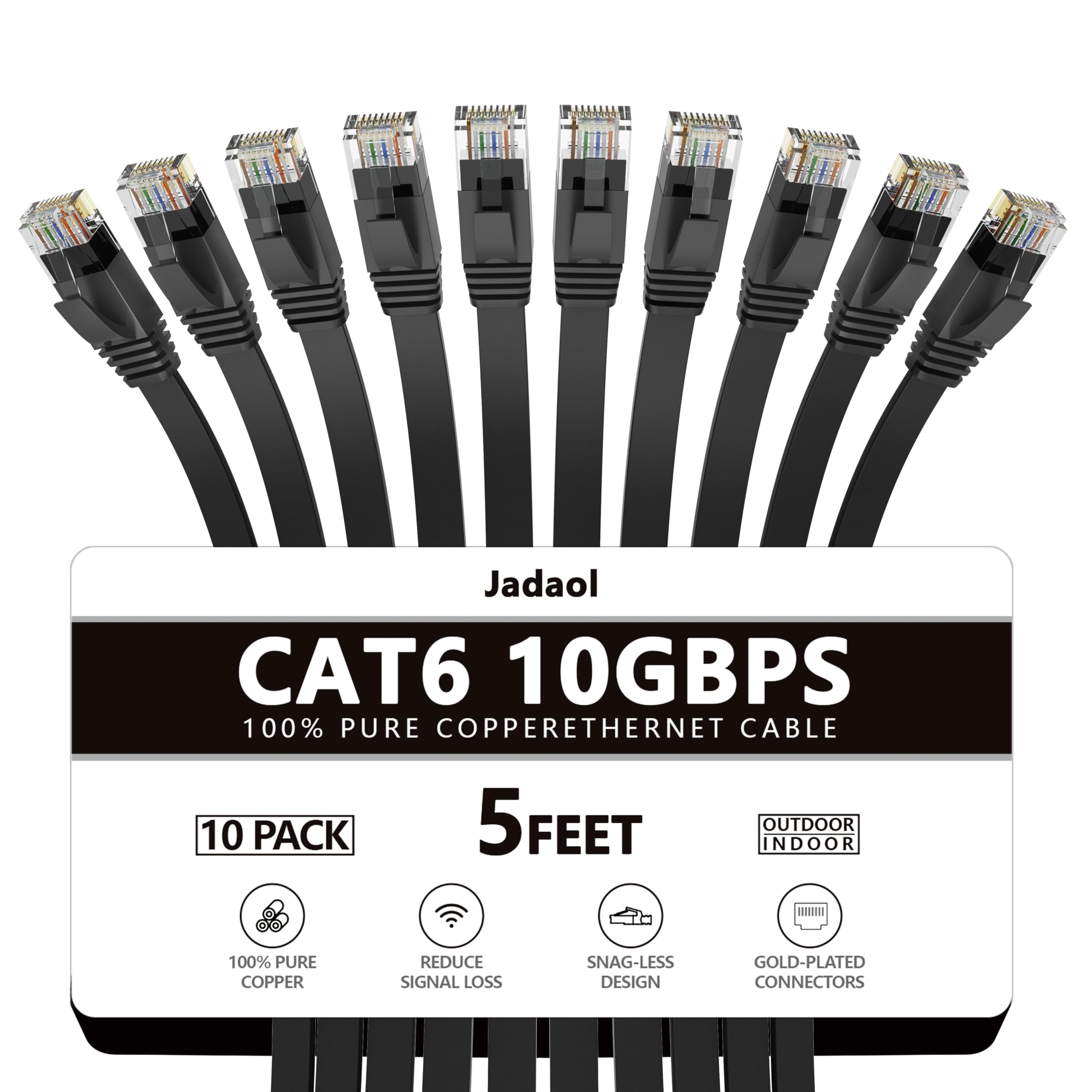 Jadaol Ethernet Cable Cat6 Flat 5 ft Cat 6 Network Patch Cable with Rj45 Connectors - 5 Feet Black (6 Pack)