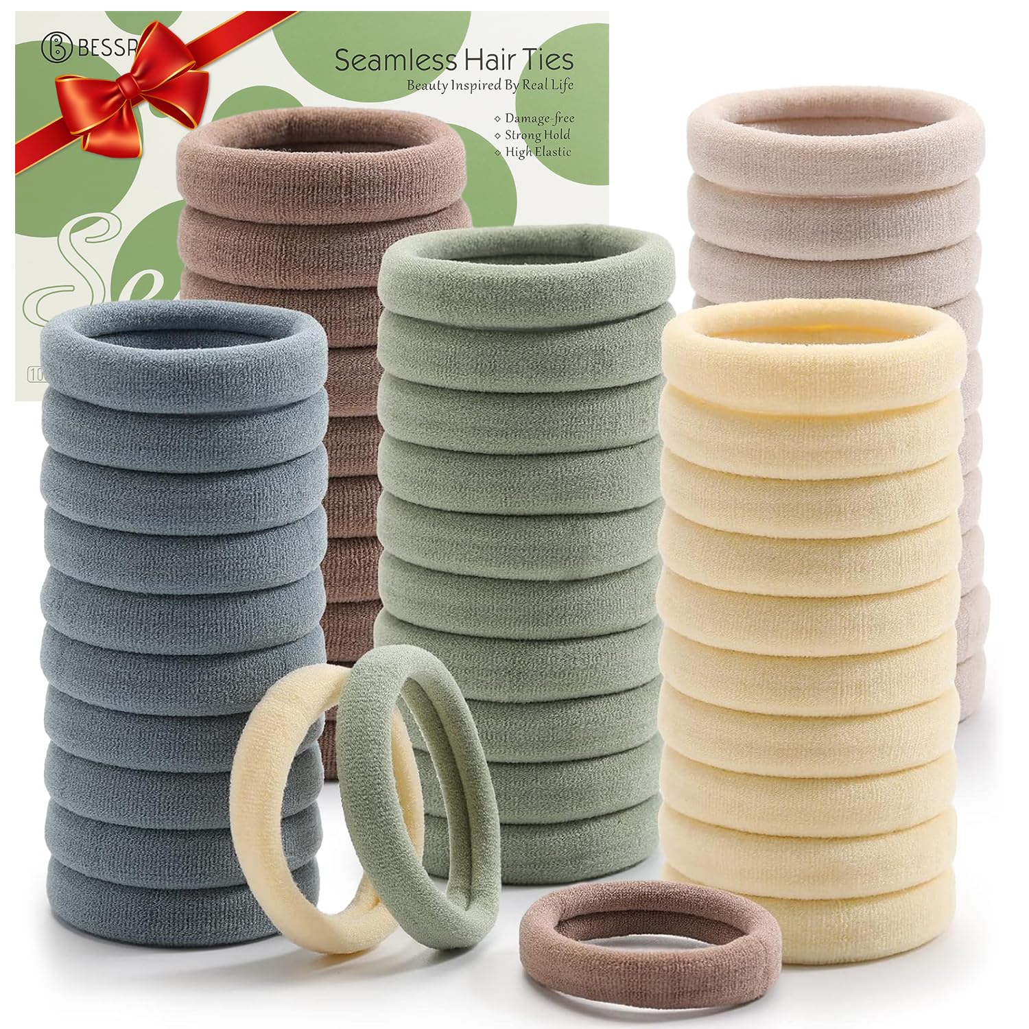 Bessrung 100 Pcs Thick Seamless Spring Hair Ties, Ponytail Holders, Light