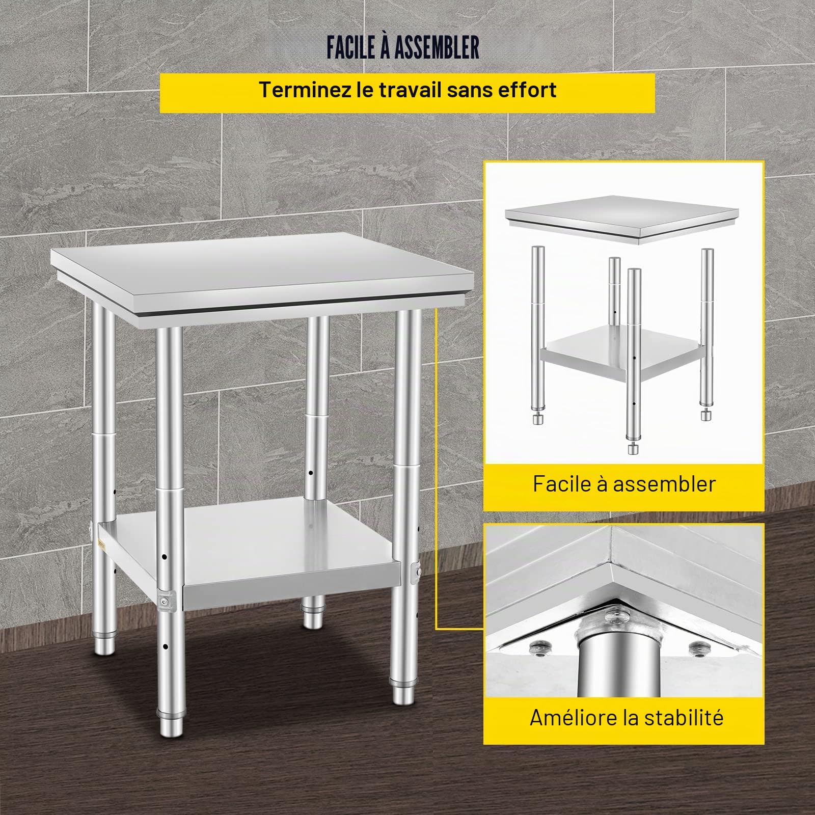 VEVOR Table de travail en acier inoxydable 60 cm x 60 cm pour la préparation des repas, la couture, le lavage, l'artisanat, l'utilisation du garage, etc.
